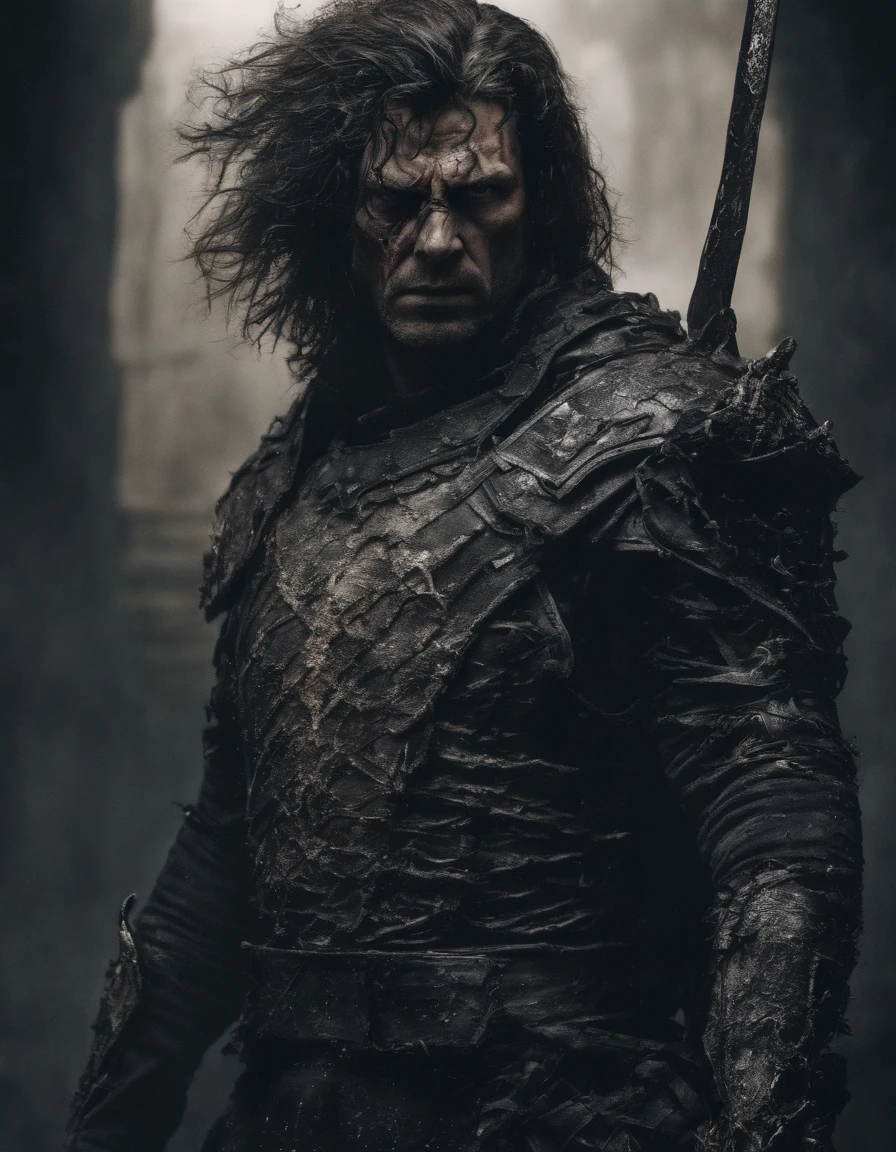 (best quality,4k,8k,highres,masterpiece:1.2),ultra-detailed,(realistic,photorealistic,photo-realistic:1.37),man holding a sword, modern, tall, strong, messy hair, detailed armor, intense gaze, muscular, heroic pose, futuristic, glowing sword, dramatic lighting