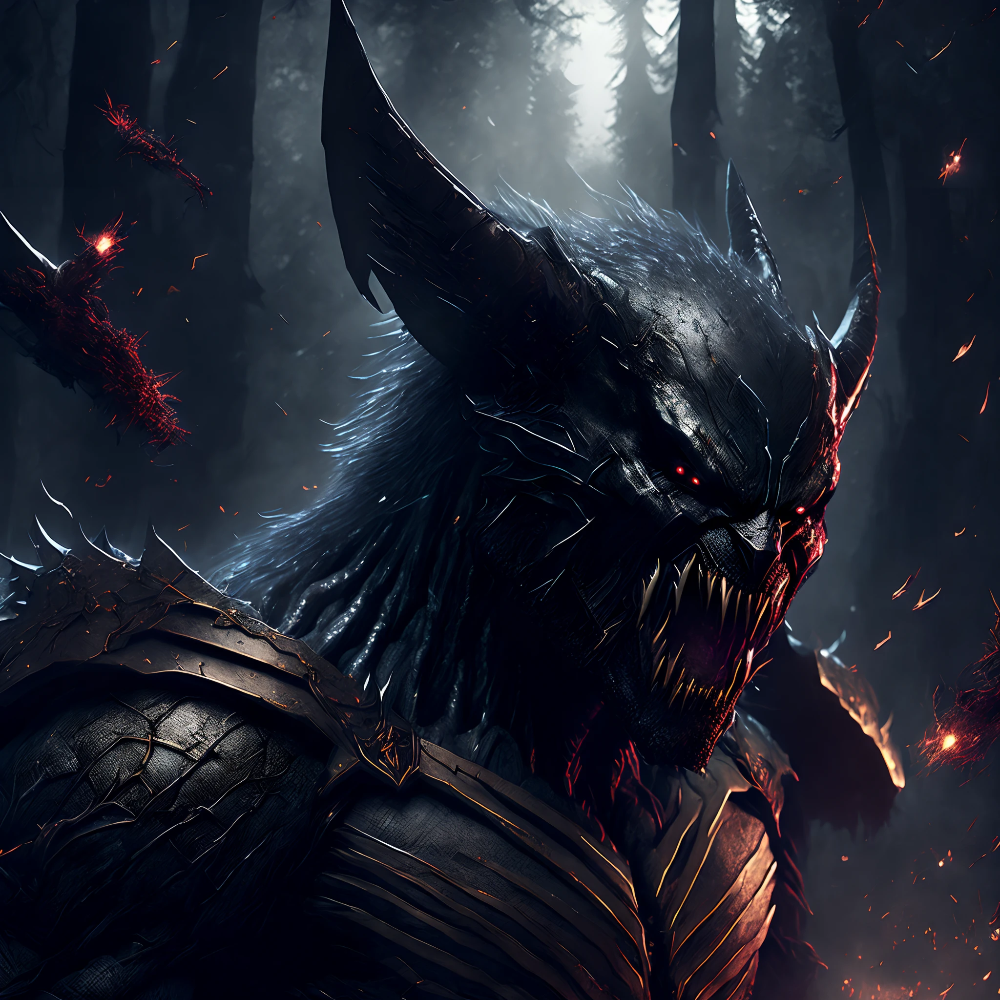Close-up ( monster Wolverine from DC in Goth style: 1.3) emerging from the Evil wolverine forest, extremely detailed, blood on the mouth, smoke, sparks, metal shavings, flying debris, volumetric light