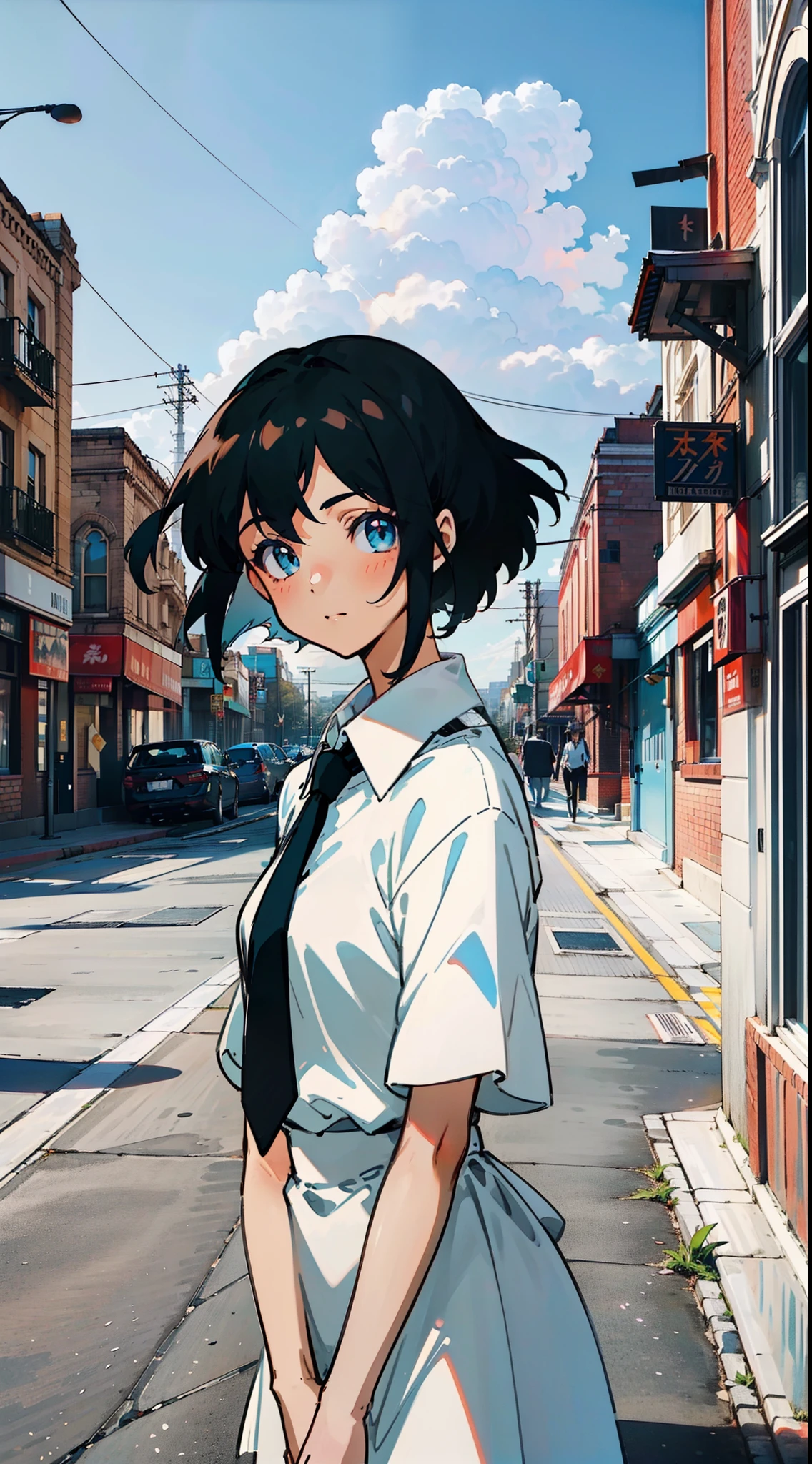 The girl wears a white shirt on her upper body，with short black hair，Realistic lighting，with blue sky and white clouds，clear skies，beauitful face，Delicate makeup，8K，Ultra-clear，High-quality graphics，infinite details，style of anime，A gentle breeze，black necktie，A street full of peach blossoms，Slim，ssmile
