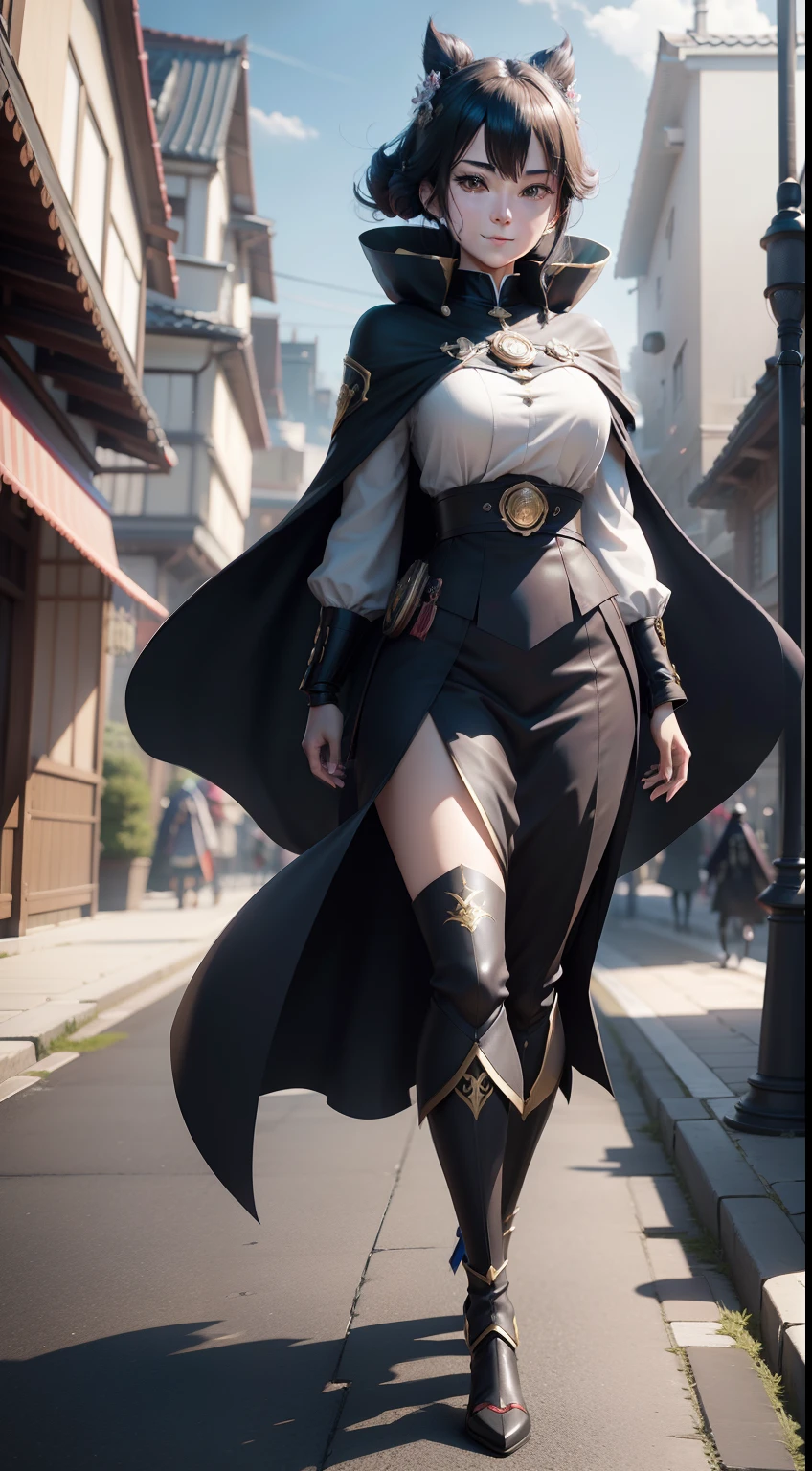 Anime characters in capes,Close-up of face smile,Japanese manga style,Royal sister,Walk the street,Anime style rendering,。unreal-engine,Stylized anime,Cute and detailed digital art,hyperrealistic rendering,Anime style 8K,Stylized 3D rendering