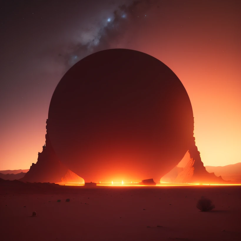Alien base (Very detailed) In the mountainous desert,There are several exhaust fans and chimneys, Some spotlights come out of the base to illuminate dark places, (Extreme nights), Some clouds in the night sky, Some of the surrounding planets provide air to unknown planets,The farthest giant volcano is erupting