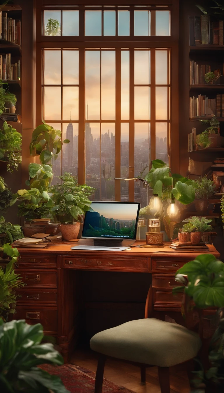 An artist's desk with plants, Books, Papier, Laptop, Regal, Drawers, with a view of a green city backdrop