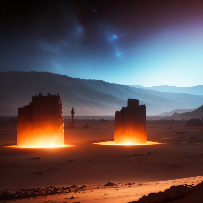 Alien base (Very detailed) In the mountainous desert，There are several exhaust fans and chimneys, Some spotlights come out of the base to illuminate dark places, (Extreme nights), Some clouds in the night sky, Some of the surrounding planets provide air to unknown planets，The farthest giant volcano is erupting