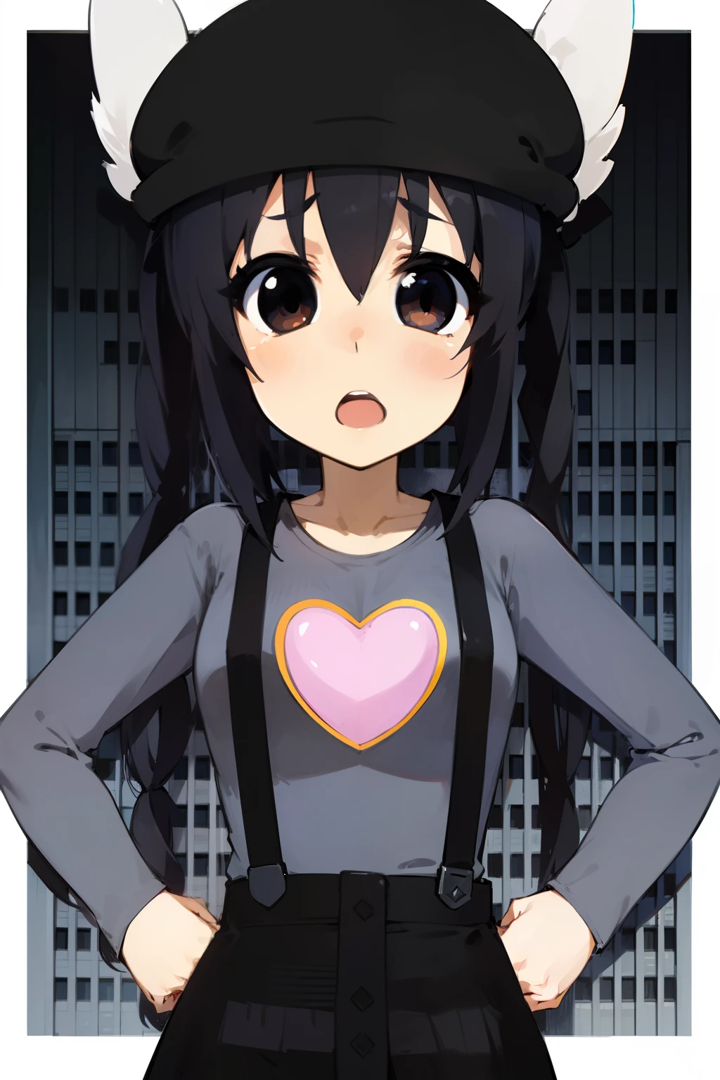 1girl, (((masterpiece))), top-quality, top-quality, High Details, nakano azusa, 1girl, Twin-tailed, length hair, A dark-haired, brown-eyed, Gray T-shirt.suspenders.a black skirt.illustratio, comic strip, soothing tones, Subdued Color, Soft cinematic light, adobe lightroom, photolab, HDR, intricately and hyper-detailed、(((depth of fields))))。(((masterpiece)))。(((top-quality))).(((ultra-detailliert)))。(((illustratio)))。(((takeout))).dynamic focus.big breasts.(((Skyscrapers))).(((A city scape))).(((Face of sadness))). open mouth.(((put hands on the hip))).(((up chest))).((evening glow)).((the setting sun)).(((Heart on chest))).Feathered hat