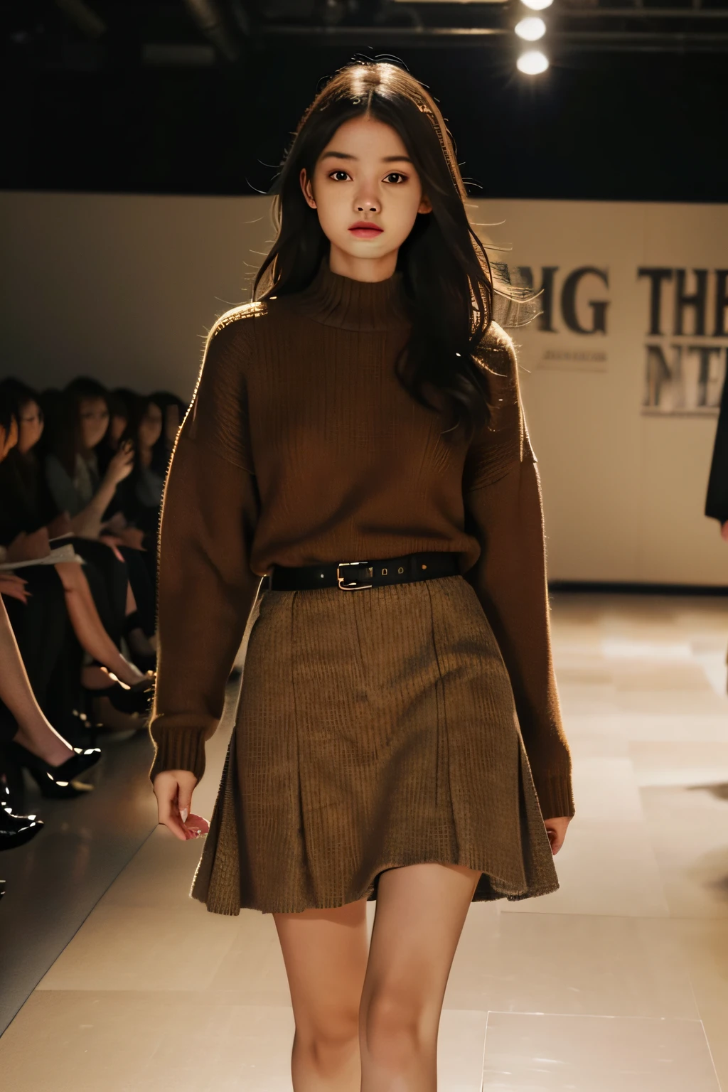 1girll,On the catwalk，Wearing a brown tweed dress，The skirt is lace，The texture of the sweater is clear，The sweater texture is very clear，The texture of the sweater is visible to the naked eye