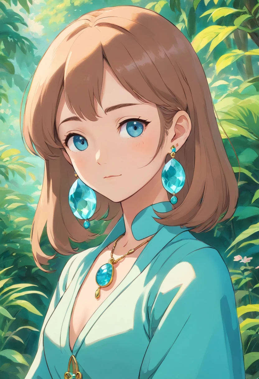 a girl wearing an anime collar, a long necklace and earrings, in the style of tranquil gardenscapes, colorful animation stills, masami teraoka, aquamarine, paul gauguin, Embry style, honest portrayal