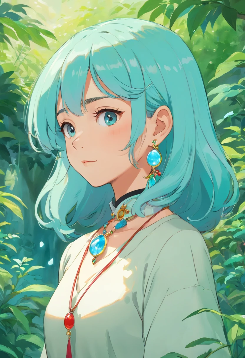 a girl wearing an anime collar, a long necklace and earrings, in the style of tranquil gardenscapes, colorful animation stills, masami teraoka, aquamarine, paul gauguin, Embry style, honest portrayal