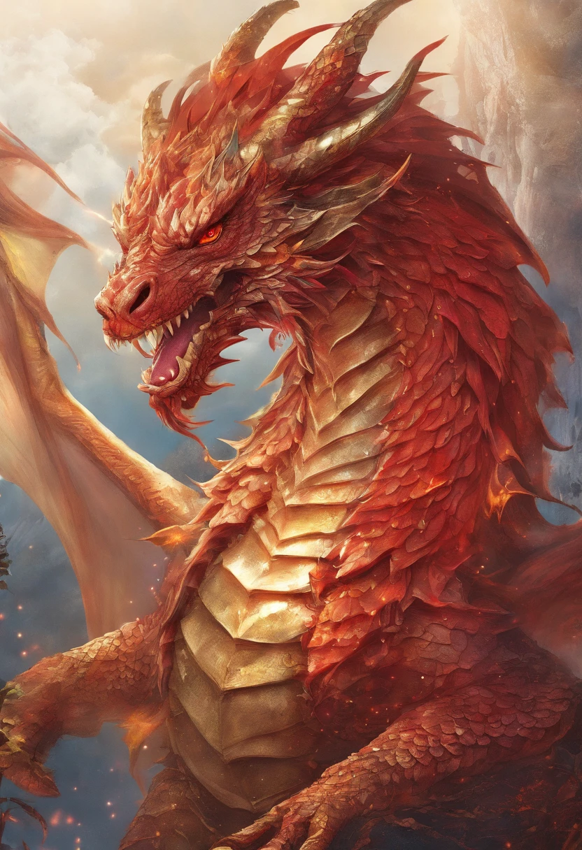 (Dragon Celestial Dorado) で (piercing red eyes),Close-ups to let go (Bloodfire) Through the nose,Bullmetric Scale,hightquality,8K,Many details,Fire Paticles,Alas,4 honji,Spotted nails,golds,danger,the fire,sharpteeth,Giant dragon,Colossal,threatening,imposing,Blue Scale