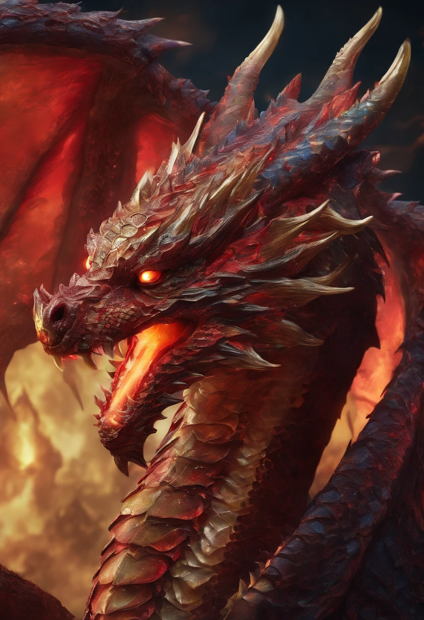 (Dragon Celestial Dorado) で (piercing red eyes),Close-ups to let go (Bloodfire) Through the nose,Bullmetric Scale,hightquality,8K,Many details,Fire Paticles,Alas,4 honji,Spotted nails,golds,danger,the fire,sharpteeth,Giant dragon,Colossal,threatening,imposing,Blue Scale