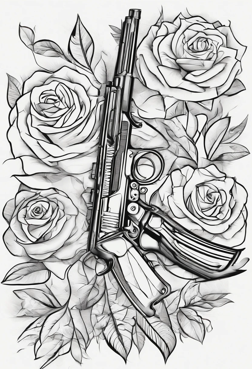 um desenho preto e branco de uma arma com uma rosa sobre ela, close up armas e rosas, design realista da arma, AK 47 surreal bonita, tattoo stencil, arma realista, Rifles, gun art reference, design de tatuagem conceitual, temporary tattoo, AK 47 , AK47, contorno espesso, contornos pesados, Directed by: Gavin Hamilton, Armas, contornos espessos, tatuagens de desenho de linha