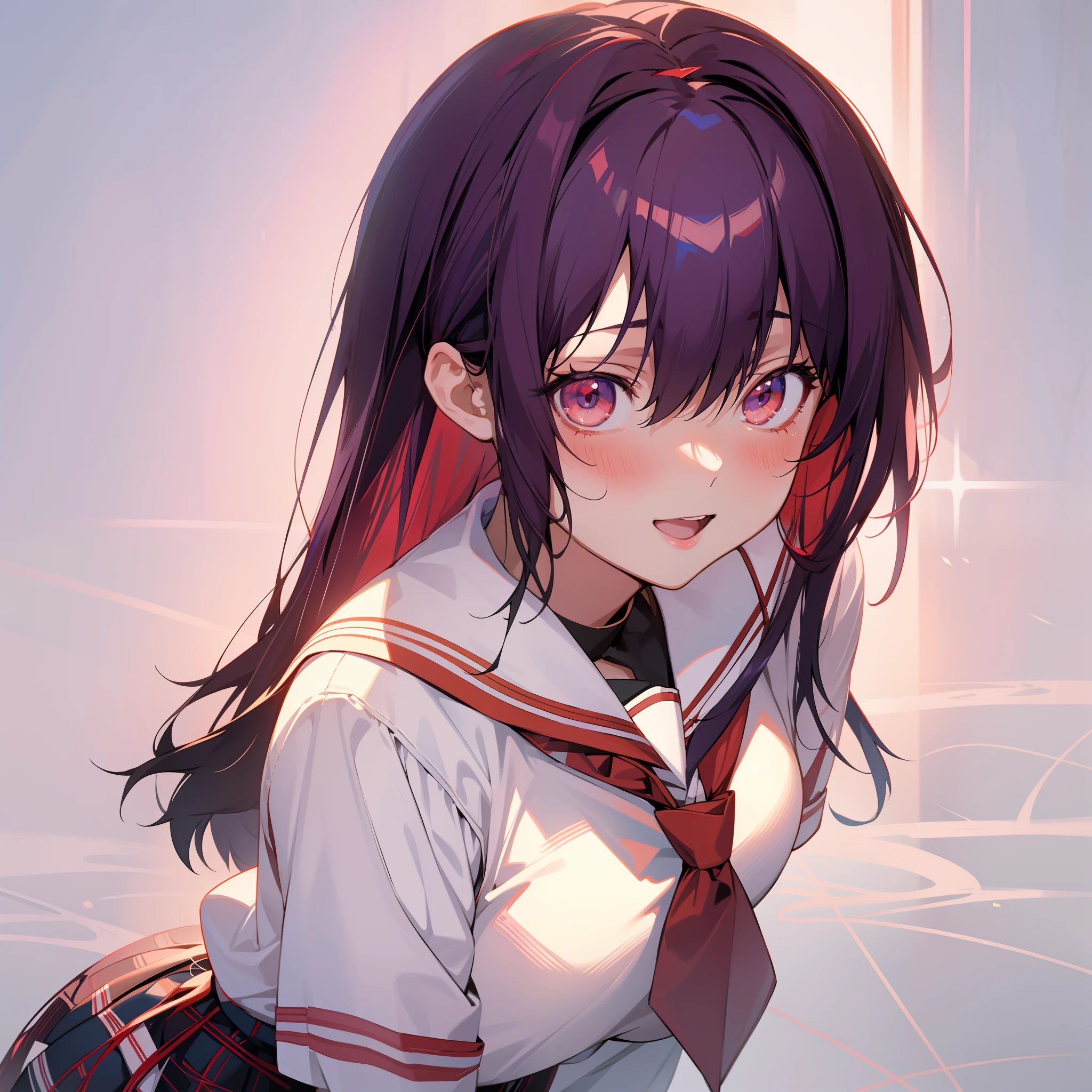 Anime girl with long hair and red eyes in uniform, Smooth Anime CG Art, Anime visuals of cute girls, anime moe art style, yandere, visual novel cg, photorealistic anime girl render, Gapmoe Yandere, closeup Iwakura Lain, yuyushiki, shikamimi, beautiful anime high school girl, realistic anime 3 d style