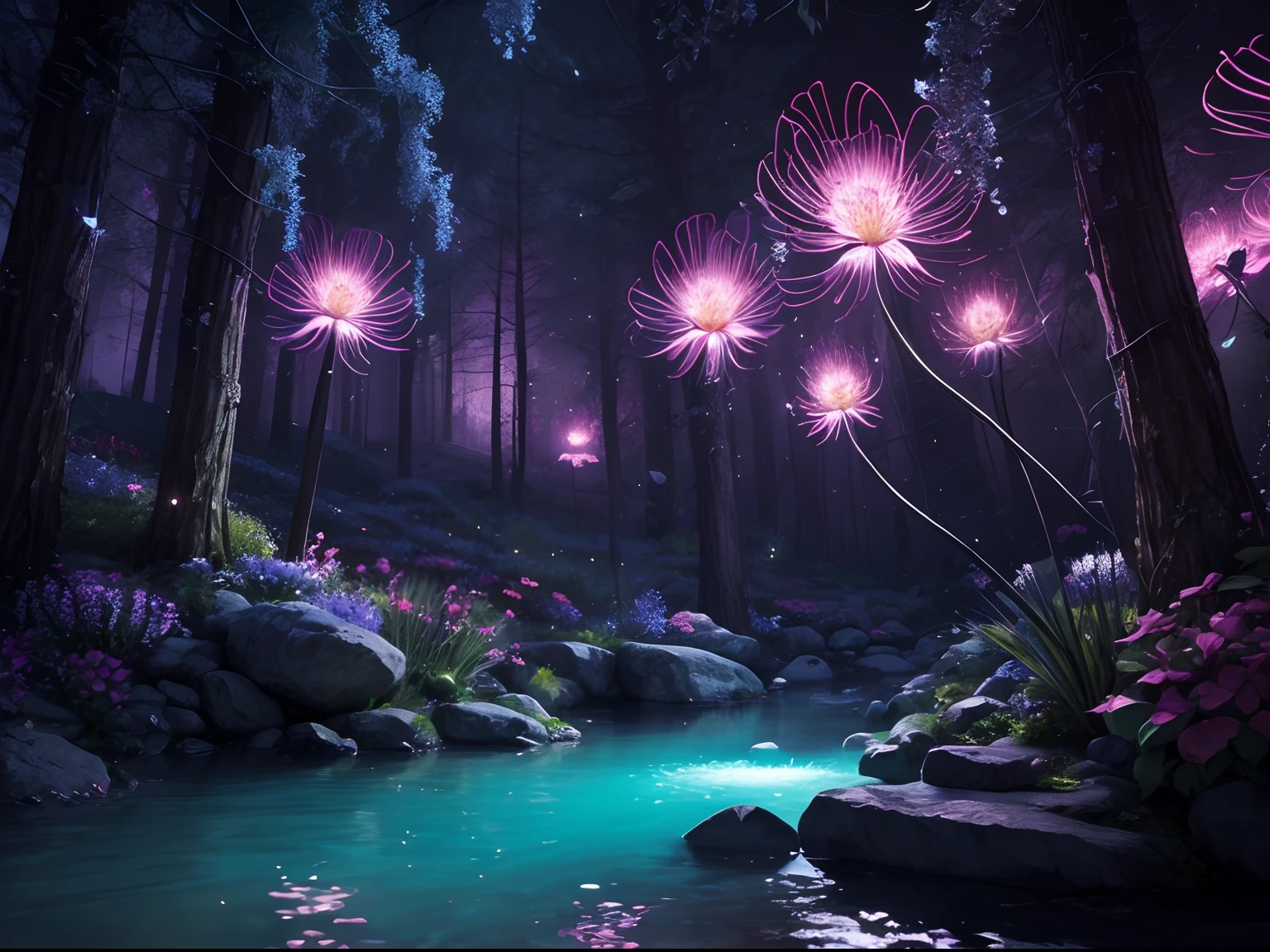 nighttime wilderness illuminated by delicate luminous flowers, glowing neon flowers, very detailed flower petals, the colors of the flower's glow are very beautiful, the land is gemstone granules and very clear flowing water, bioluminescent flower, fantasy flowers and leaves, glowing flowers, glowing details, high-quality render, highly intricate and hyperdetailed photography, 8K, perfect composition, high contrast, cinematic, atmospheric, epic,