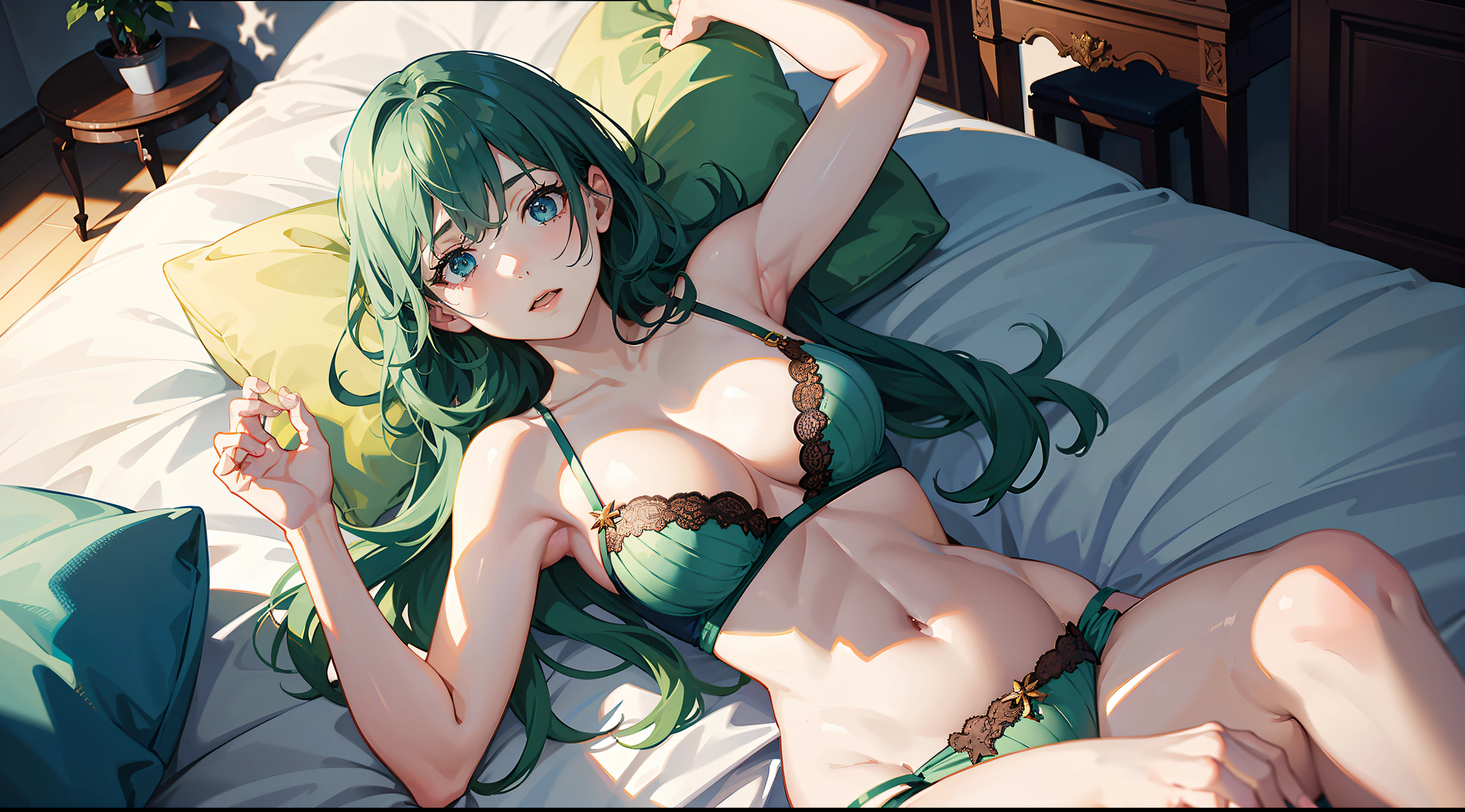 A girl lying on a bed, viewed from the top, with medium-sized breasts. Her hair is dyed green, and she is wearing light blue underwear. The artwork is a masterpiece with ultra quality, captured in 4k or 8k resolution. The colors are vivid, and the lighting creates a realistic and photorealistic effect.
