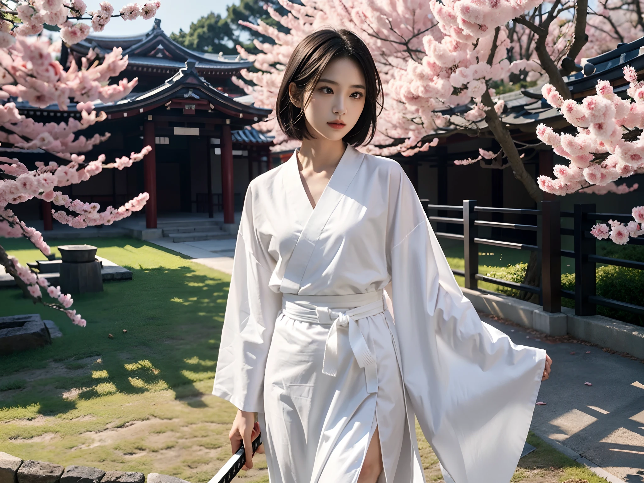 ((Small lower chest,Tomboyish,small heads)),  (short-length straighthair: 1.2), Black hair，Upper body,（极其细致的CG 8k壁纸），（Extremely refined and beautiful），（Masterpiece），（best qualtiy：1.0），（超高分辨率：1.0），beautiful light up，Perfect lightning，realistic shaded，[A high resolution]，Smooth and flawless fair skin，ultra - detailed ，(Small :1.1)，Flat chest，Slim，emaciated，slender waist，serious，Mighty，（a seven quarter sleeved white kendogi:1.1），（maxi red kendo hakama：1.1），white short socks, geta，spring,night，In front of a tall huge Japanese castle，sakura blooms，standing，outside，Tree-lined roadsides，Close-up，(a long scabbard samurai katana:1.2)，Holding the katana handle with both hands