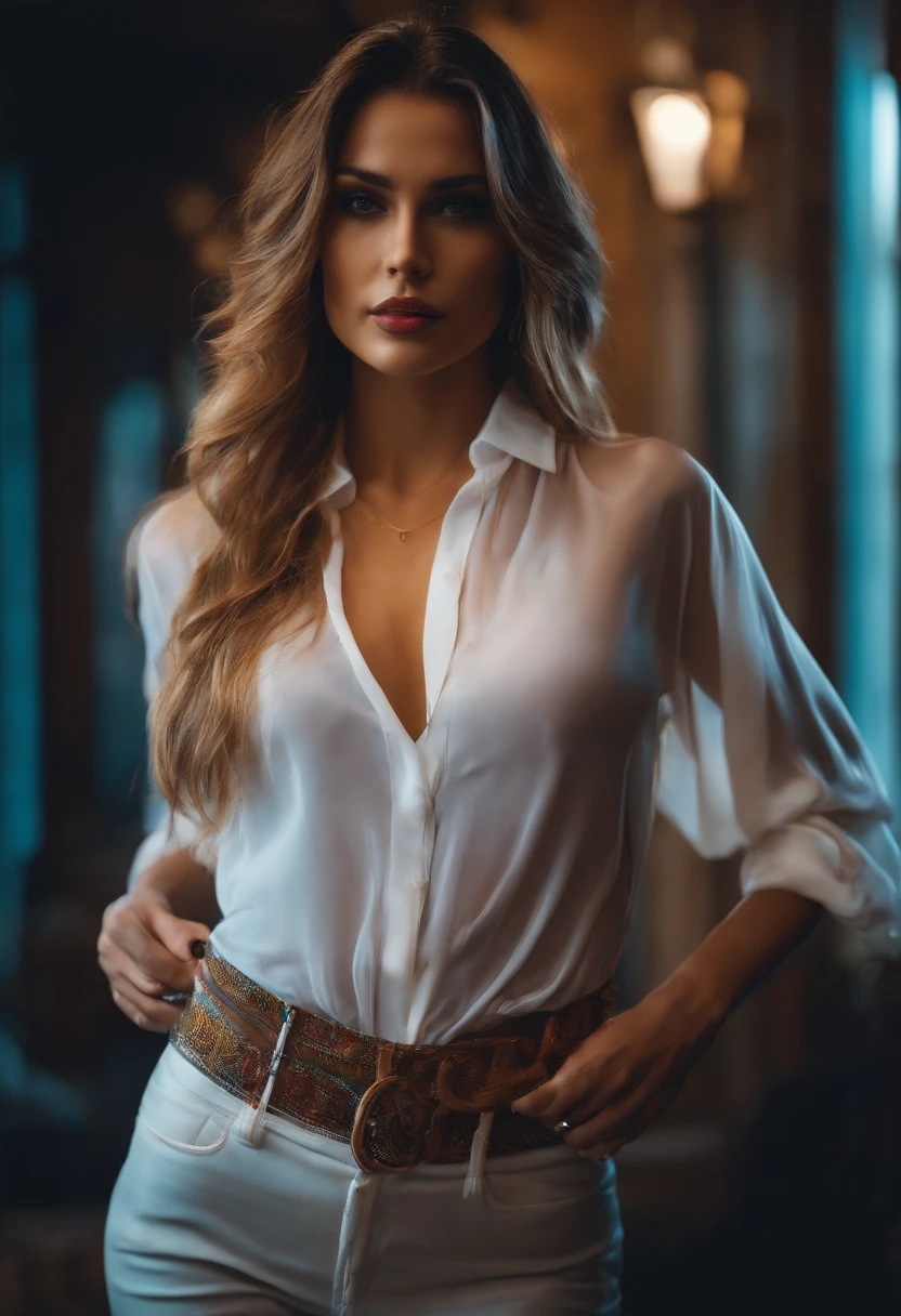 Sexy woman wearing only a wet thin see through white shirt