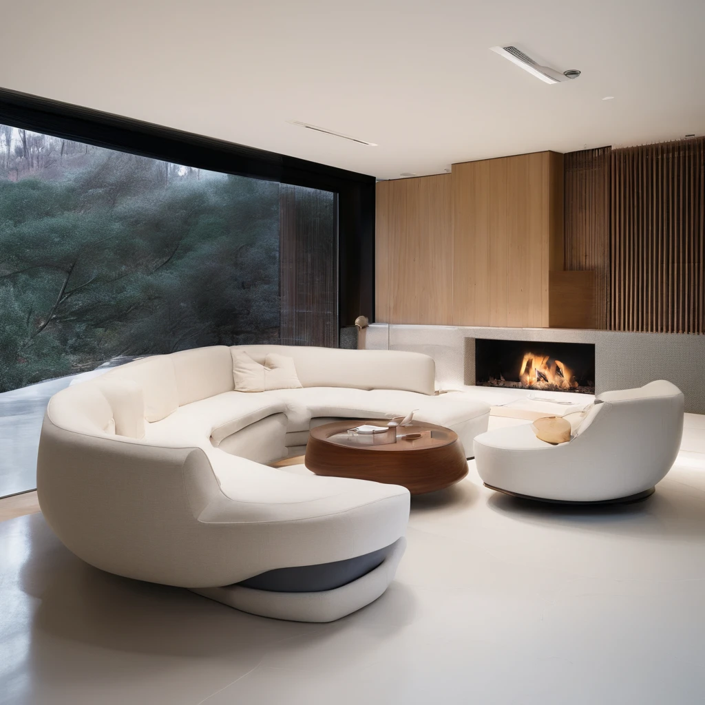 arafed living room with a curved couch and a coffee table, futuristic looking living room, inspired by Isamu Noguchi, luxurious environment, by Zha Shibiao, high-end onsen, beautiful natural forms, modern japanese living room, luxurious onsens, integrated in the mountains, lush japanese landscape, mountainous jungle setting, leather couch