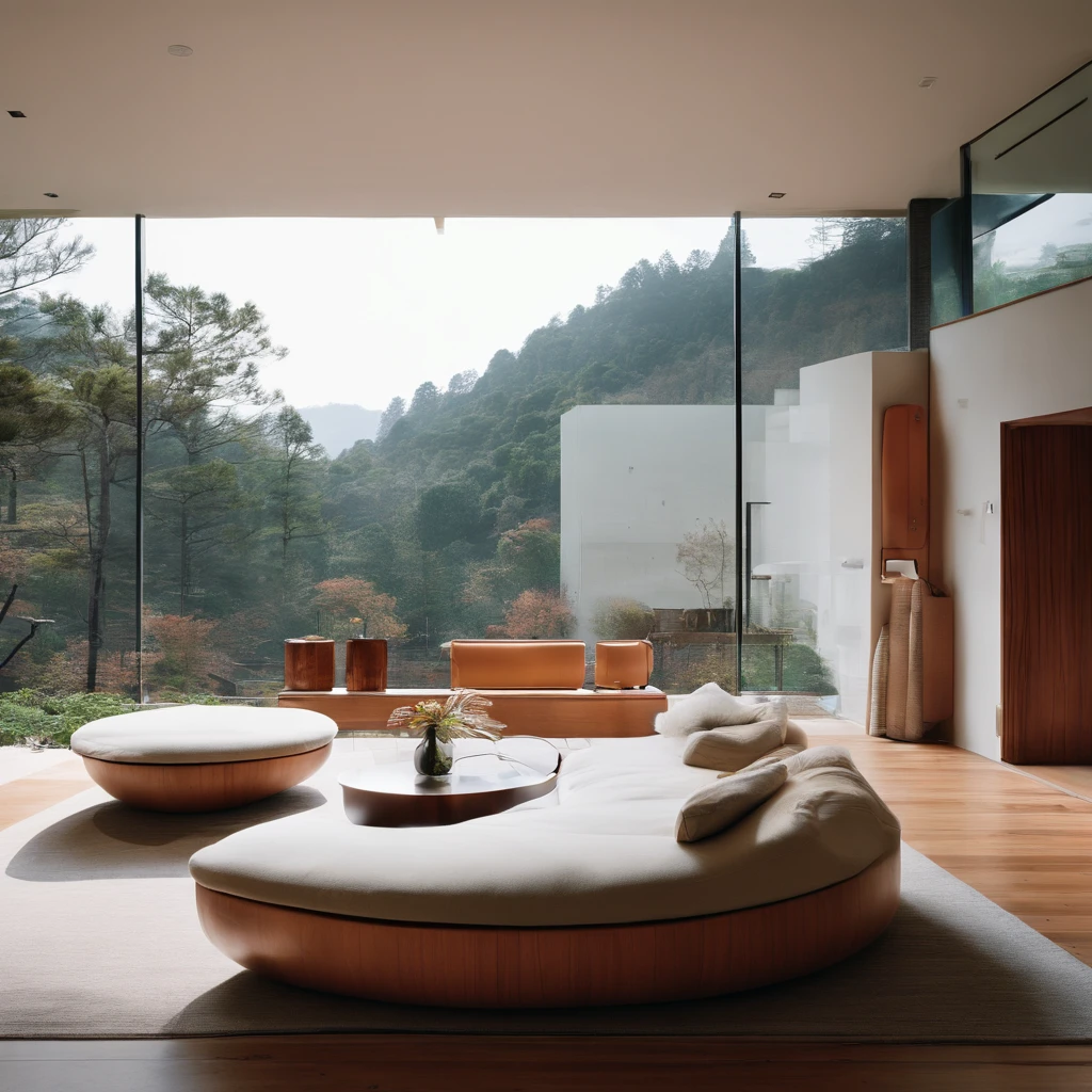 arafed living room with a curved couch and a coffee table, futuristic looking living room, inspired by Isamu Noguchi, luxurious environment, by Zha Shibiao, high-end onsen, beautiful natural forms, modern japanese living room, luxurious onsens, integrated in the mountains, lush japanese landscape, mountainous jungle setting, leather couch