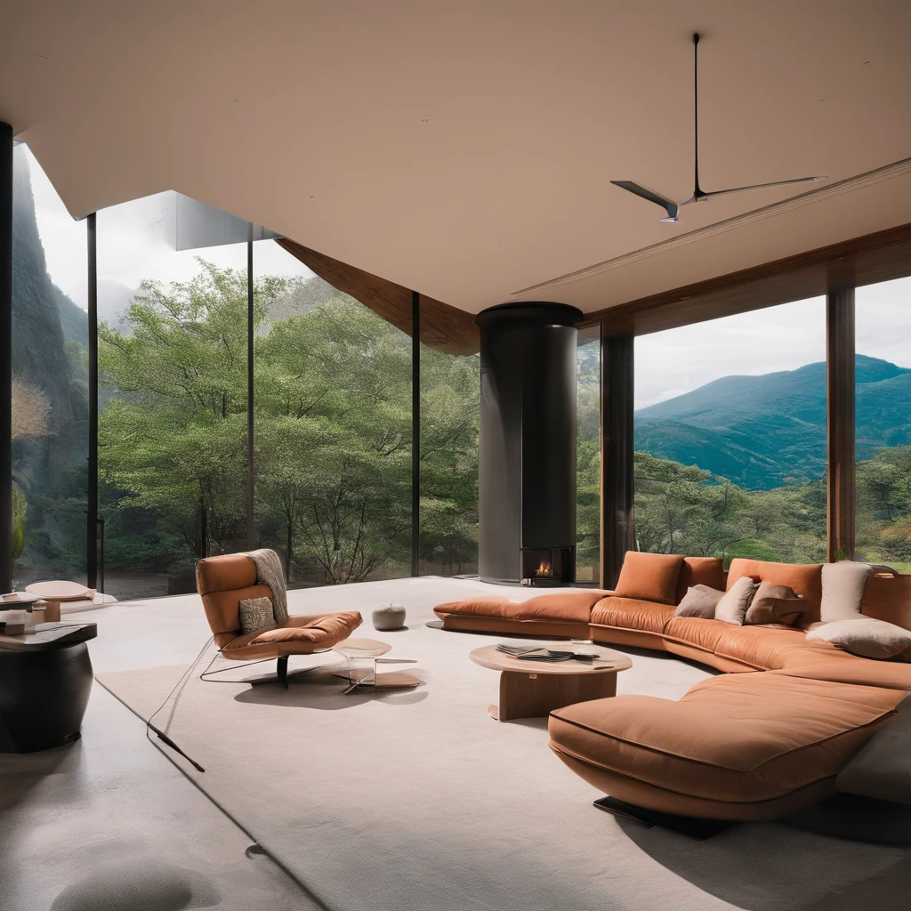 arafed living room with a curved couch and a coffee table, futuristic looking living room, inspired by Isamu Noguchi, luxurious environment, by Zha Shibiao, high-end onsen, beautiful natural forms, modern japanese living room, luxurious onsens, integrated in the mountains, lush japanese landscape, mountainous jungle setting, leather couch