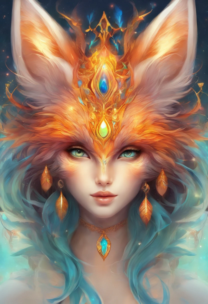 Antro Raposa realista de cores vivas iriscente com olhos brilhantes e cauda brilhante, ultra realistic antropomorph ethereal fox, raposa digital iriscente, arte de fantasia digital colorida, arte digital luminescente, Arte digital altamente detalhada em 4k, 8k arte impressionante, Arte bonita UHD 4K, Arte digital detalhada em 4k,