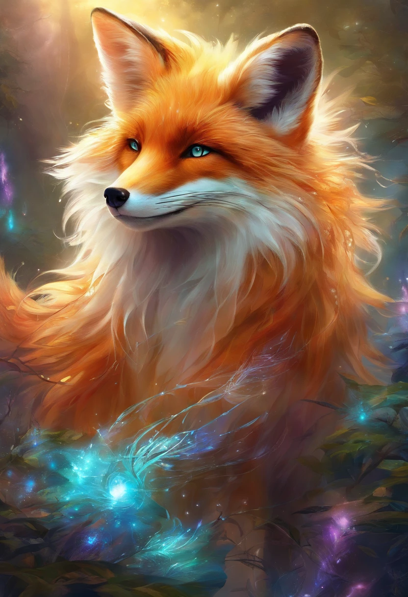 Antro Raposa realista de cores vivas iriscente com olhos brilhantes e cauda brilhante, ultra realistic antropomorph ethereal fox, raposa digital iriscente, arte de fantasia digital colorida, arte digital luminescente, Arte digital altamente detalhada em 4k, 8k arte impressionante, Arte bonita UHD 4K, Arte digital detalhada em 4k,