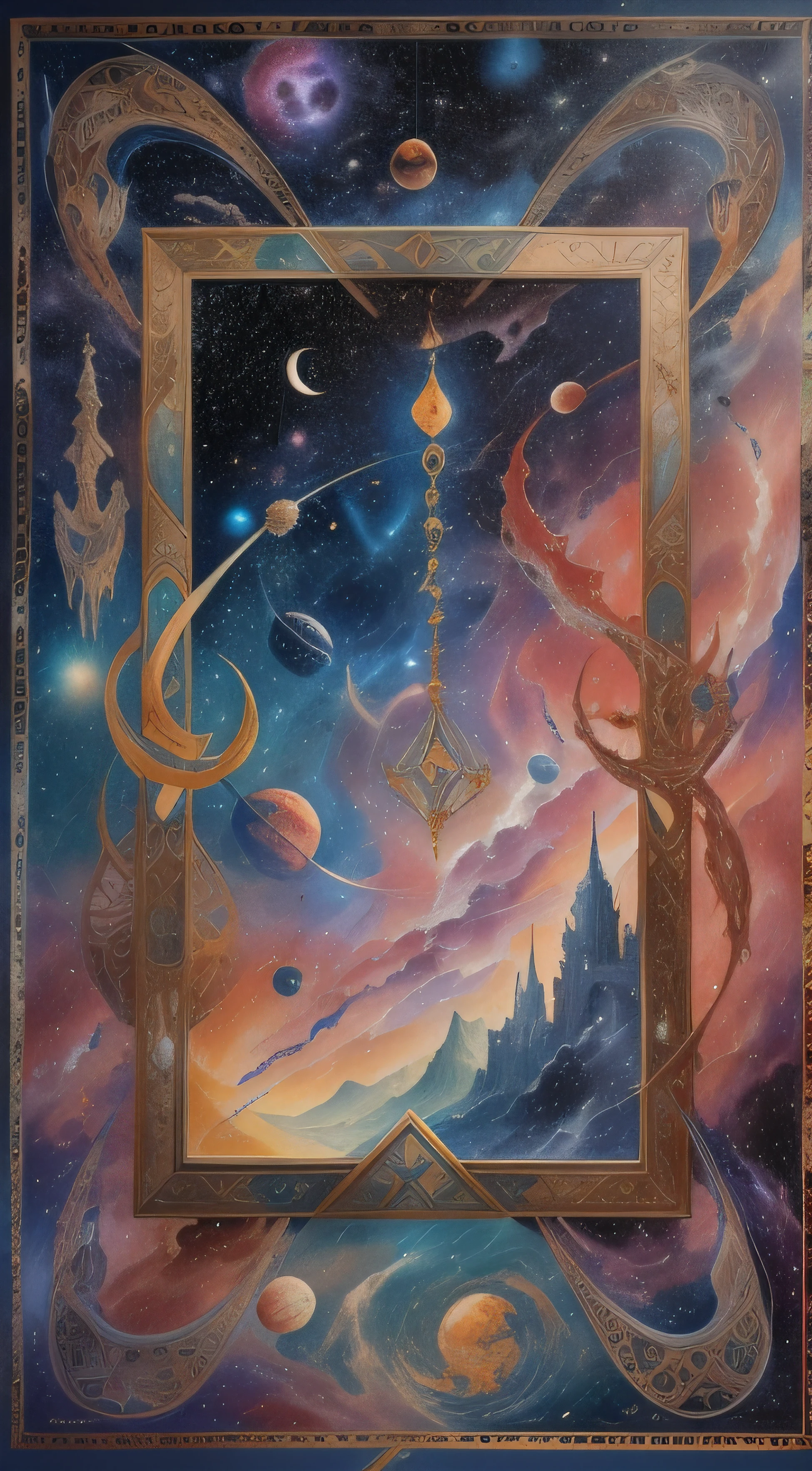 rune "Overcoming the boundaries of space". Magnificent in the style of an otherworldly ancient night and universal stars with stunning details. painted with liquid dripping oil paints. Every detail is worked out perfectly and flawlessly. I admire this work of art every second.