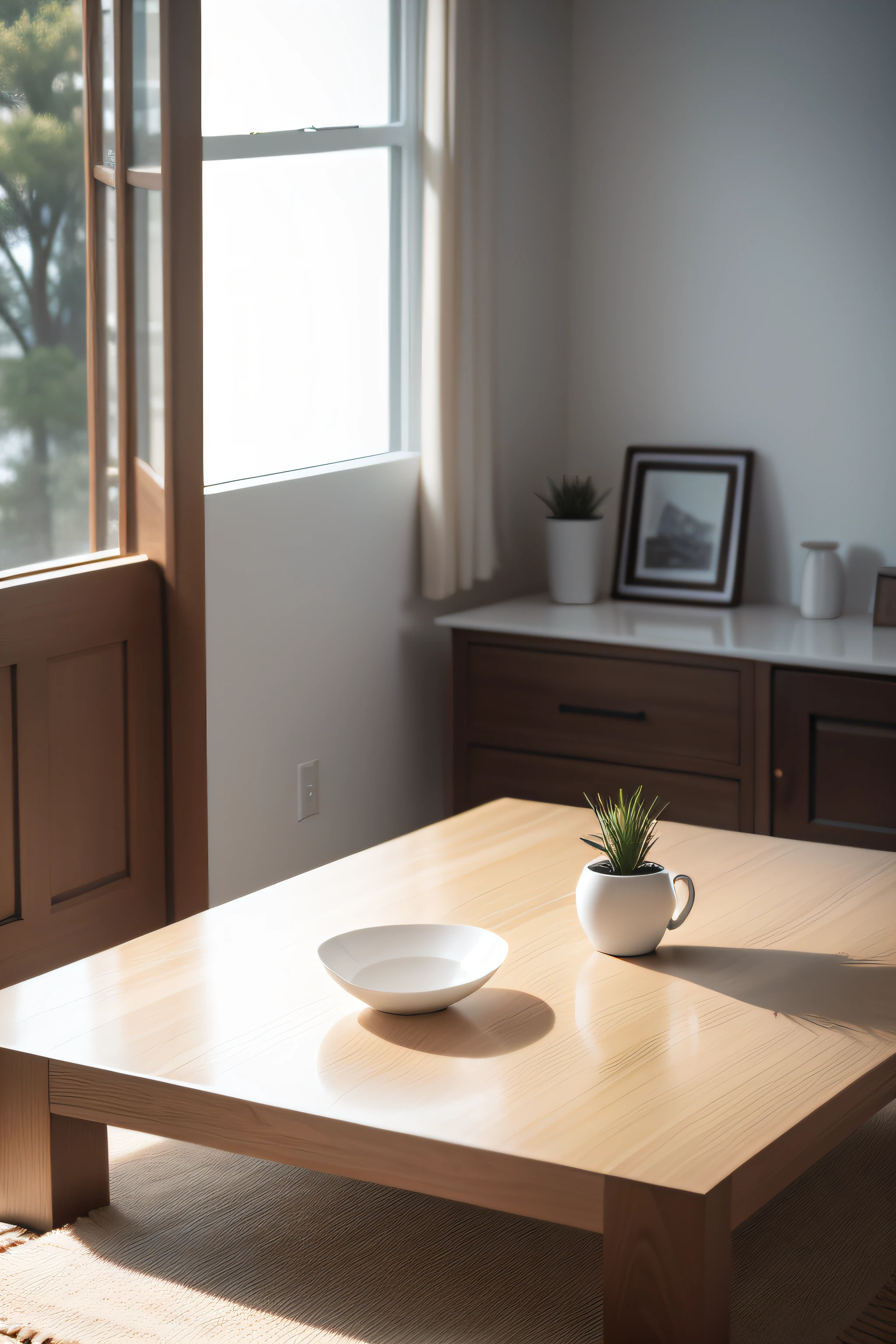 A beautiful and minimalist table is elegantly placed in the bedroom，Surrounded by soft natural light。Its clean design and clear lines create a sense of serenity。The realistic style captures every detail，The impeccable craftsmanship of the table is demonstrated。The camera uses a wide-angle lens to effortlessly accentuate the aesthetics of the table。The welcoming setting further enhances the attractiveness of the table，Creates a tranquil atmosphere and minimalist décor。