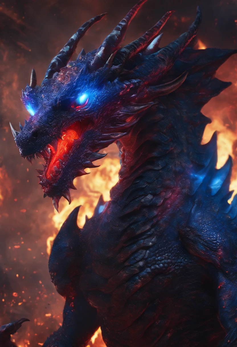 (Dragon celestial dorado) con (ojos penetrantes de color rojo),primer plano soltando (fuego de sangre) por la nariz,escamas bulumetricas,alta calidad,8k,muchos detalles,paticulas de fuego,alas,4patas,garraz manchadas,oro,peligro,fuego,dientes filosos,dragon gigante,colosal,amenazante,imponente,escamas azules