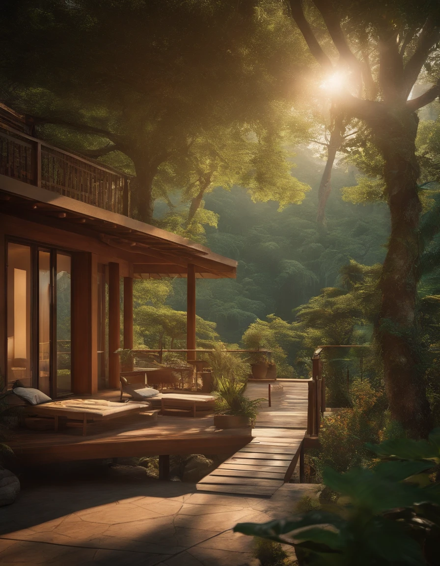 Chalet in the jungle，big breasts beautiful，Laid back，There are two floors，There was a sofa，tables and chairs，k hd，high-definition picture quality，Tremendously beautiful，rays of sunshine，the trees，the woods，naturey，Flowers，pools of water，style of anime，Miyazaki painting style，Gipley style