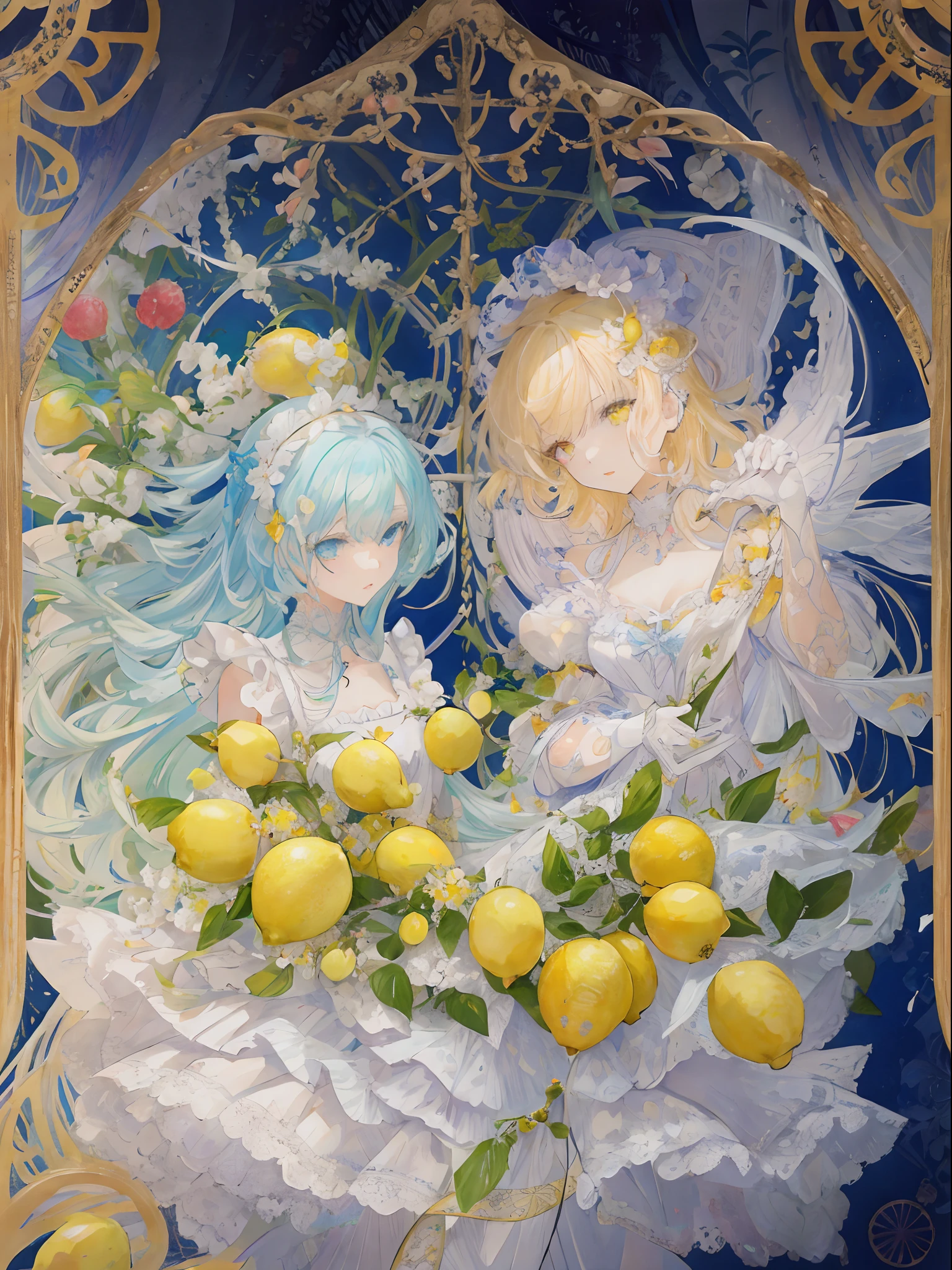 There are two girls in white dresses holding lemons, official artwork, zerochan art, official anime artwork, florals, high detailed official artwork, Lemon Light, Detailed anime artwork, Detailed key anime art, detailed anime art, Trending on ArtStation pixiv, clean detailed anime art, Anime Art Nouveau, Official art, Pixiv Contest Winner, lemon