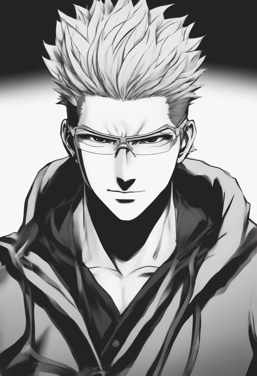 um desenho de um homem com um cabelo branco e uma camisa preta e branca, sombreamento de anime), goggles around his neck, Jujutsu Kaisen, sombreamento de anime, seinen manga portrait, inspirado em Kamisaka Sekka, kentaro miura manga style, inspirado em Iwao Takamoto, kentaro miura manga art style, kakashi hatake