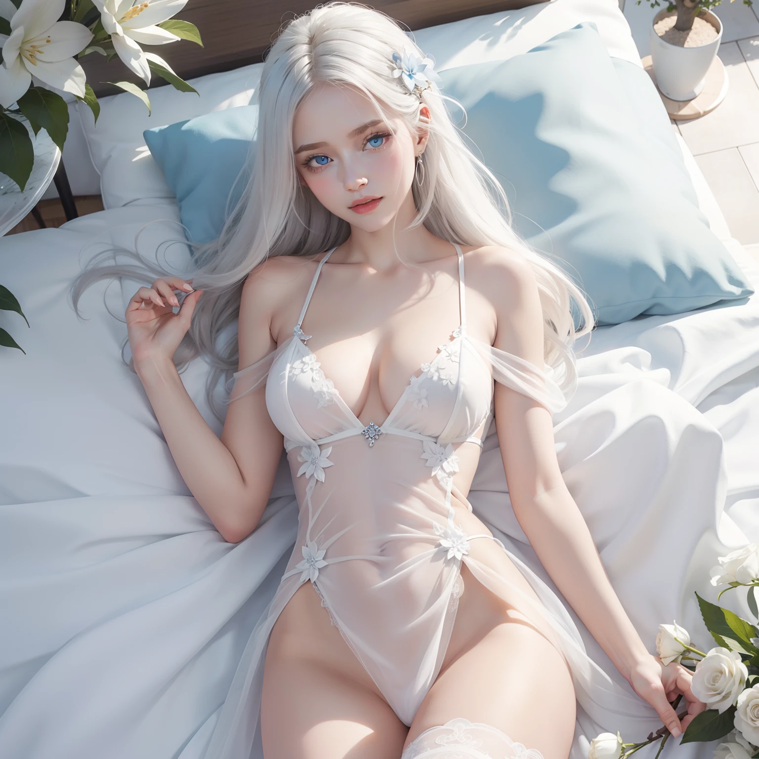White goddess blue eyes in human shape、beautiful body of a flower of a very attractive age with white pubic hair,,,Wearing a white see-through dress,In white beds,Relax,