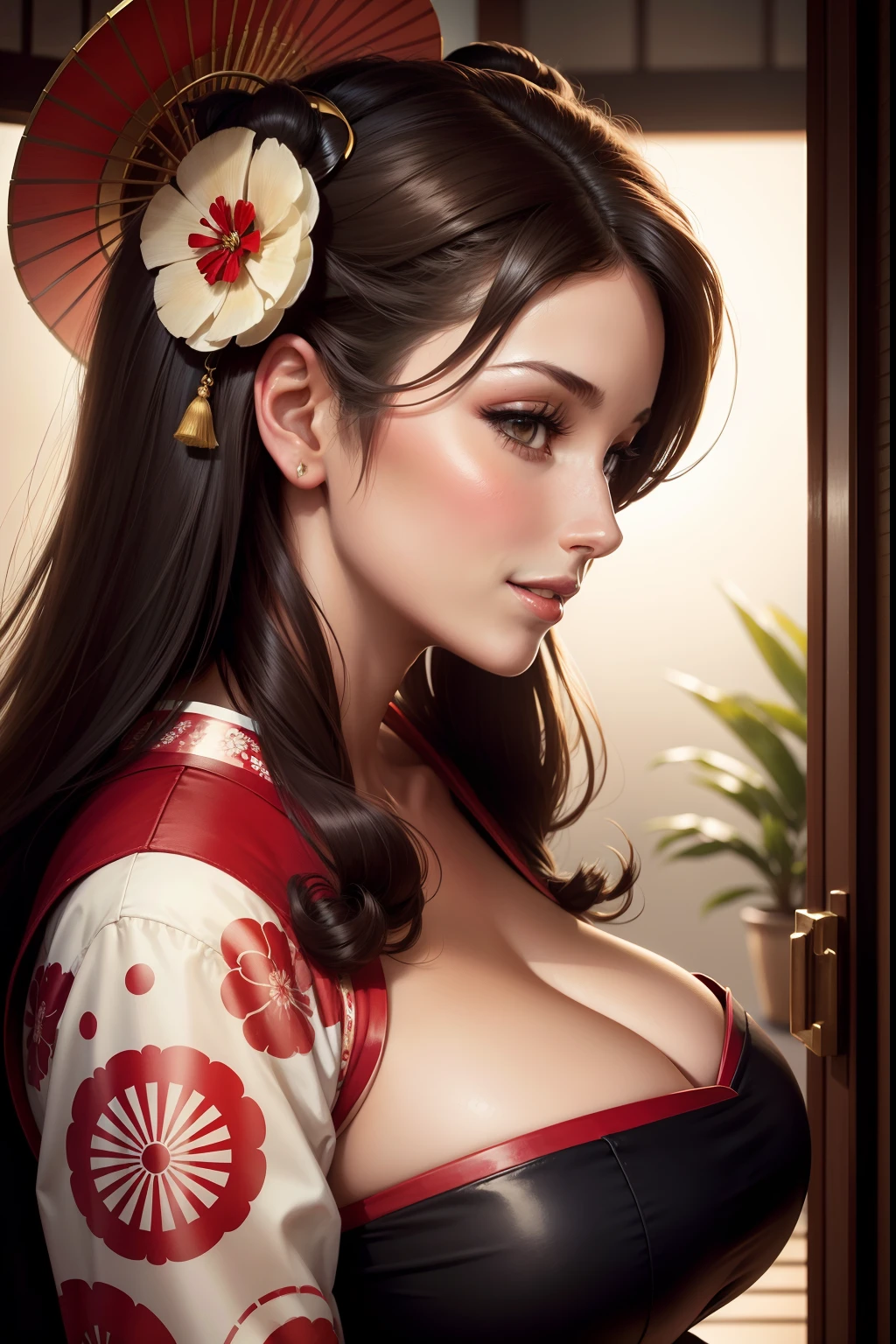 lucy pinder, portrait, profile, looking, geisha, sexy, smiling