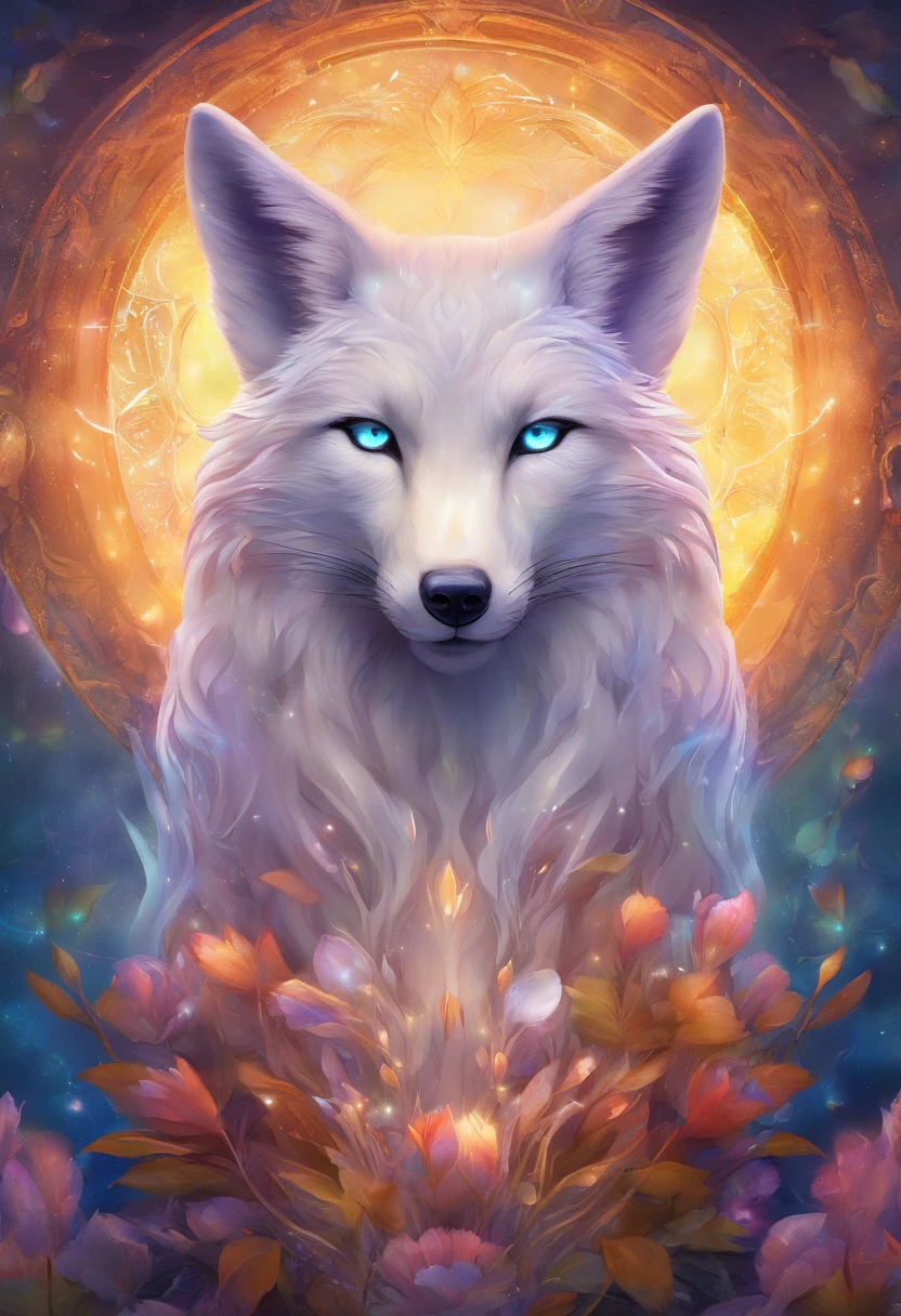 Antro Raposa realista de cores vivas iriscente com olhos brilhantes e cauda brilhante, ultra realistic antropomorph ethereal fox, raposa digital iriscente, arte de fantasia digital colorida, arte digital luminescente, Arte digital altamente detalhada em 4k, 8k arte impressionante, Arte bonita UHD 4K, Arte digital detalhada em 4k,