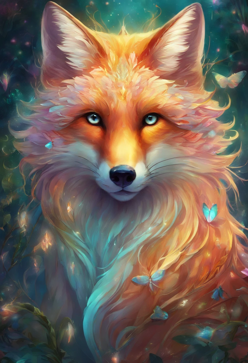 Antro Raposa realista de cores vivas iriscente com olhos brilhantes e cauda brilhante, ultra realistic antropomorph ethereal fox, raposa digital iriscente, arte de fantasia digital colorida, arte digital luminescente, Arte digital altamente detalhada em 4k, 8k arte impressionante, Arte bonita UHD 4K, Arte digital detalhada em 4k,