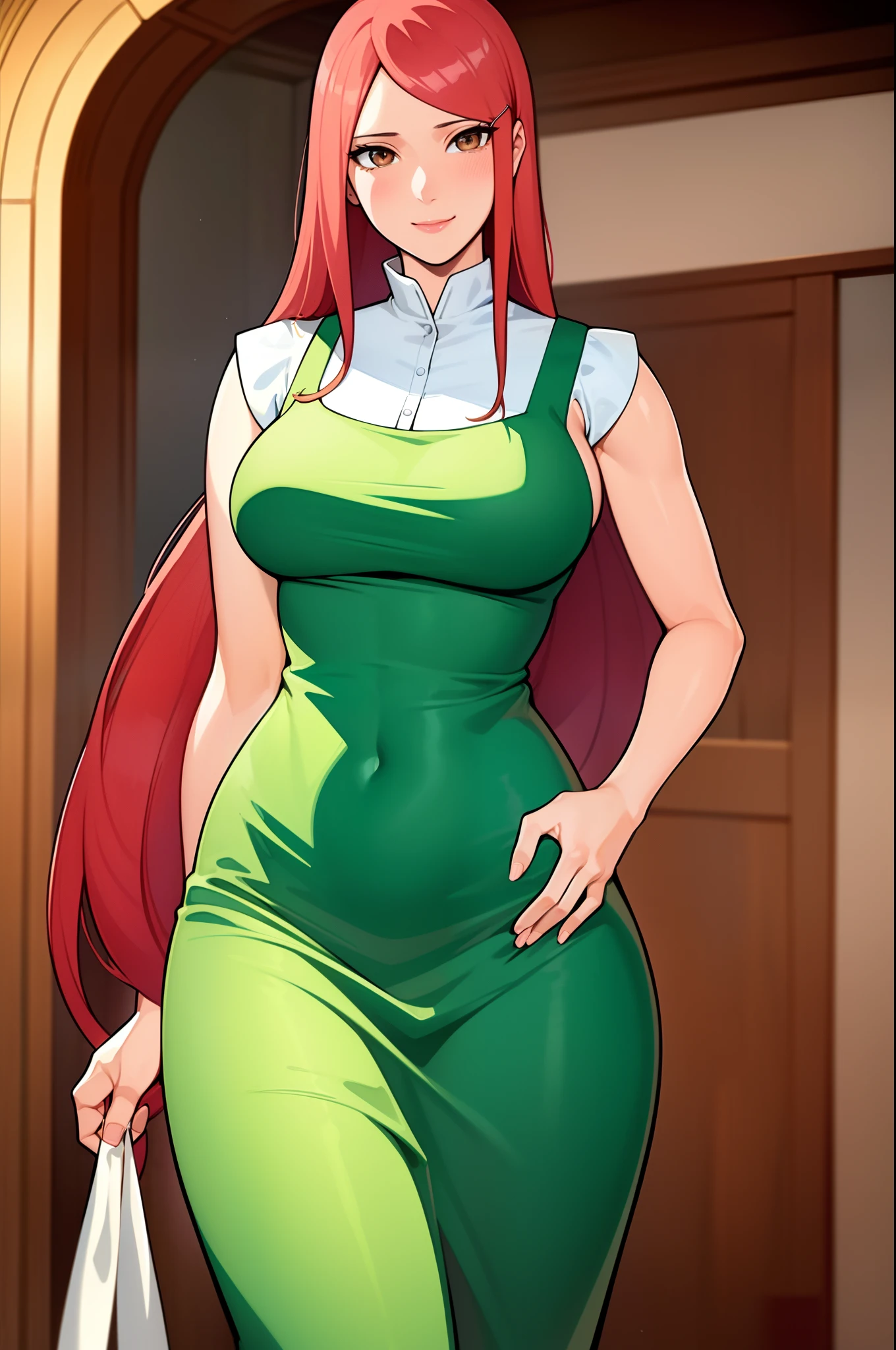 uzumaki_kushina, large_breasts, standing, solo, kushina_green_dress, masterpiece, best quality, detailed face, detailed eyes, highres,uzumaki_kushina, large_breasts, standing, solo, kushina_green_dress, green apron, long apron, beige dress, long dress, tight dress, sleeveless dress, (masterpiece:1.2, best quality), (finely detailed beautiful eyes: 1.2), ((1girl)), ((solo)), (brown eyes:1.4), (finely detailed eyes and detailed face:1.3), (beautiful and clear background:1.2), (extremely detailed CG, ultra-detailed, best shadow:1.1), ((depth of field)), ((watercolor)), large breasts, flowers and petals, beautiful concept illustration, (white background:0.5), (illustration:1.1), (extremely fine and beautiful:1.1), (perfect details:1.1), looking at viewer, smile, happy, blush, red hair, long hair,