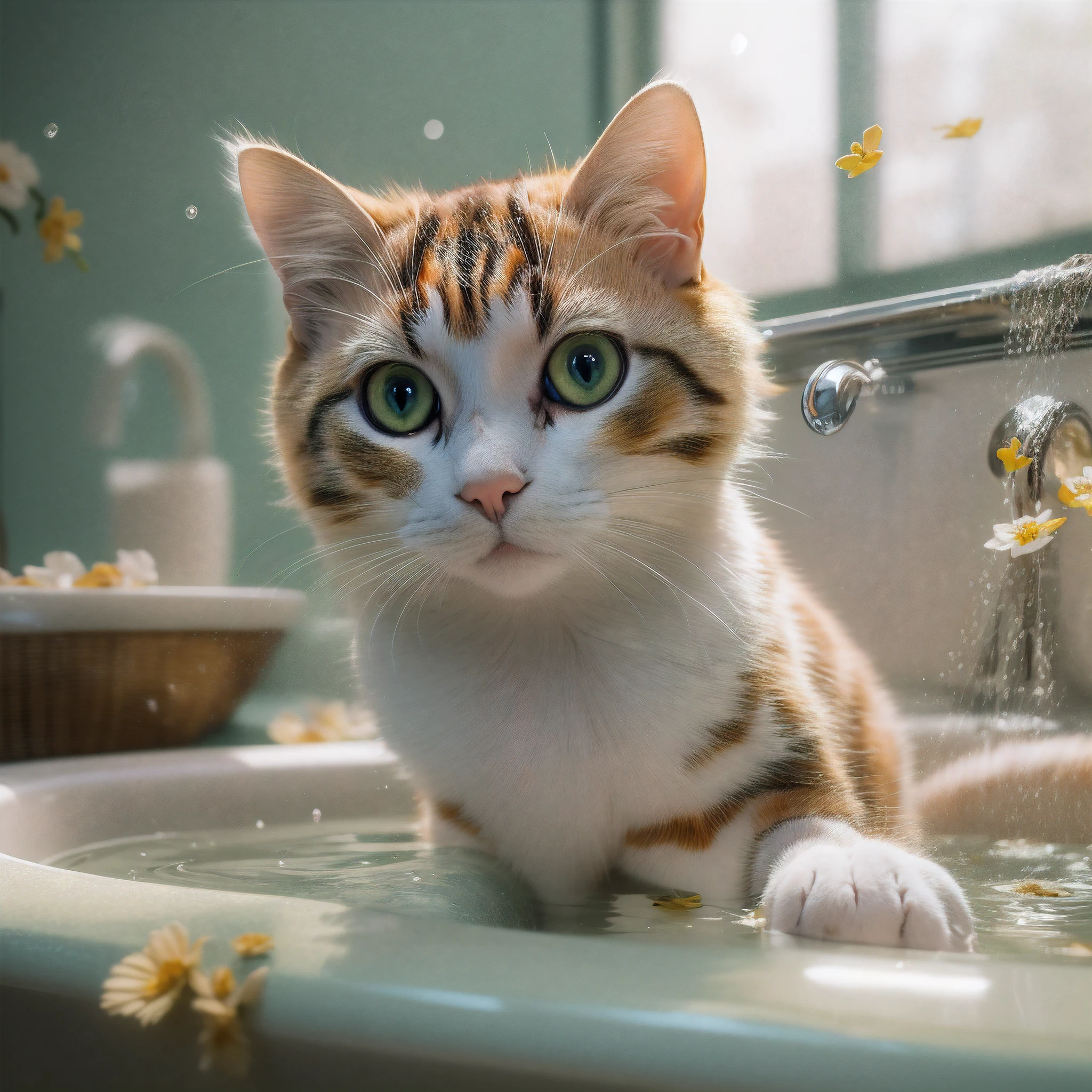 Unbeatable masterpiece,Ultra-realistic 8K CG,Perfect artwork,Cute cats,calico cat,Soak in the bathtub,Water and petals all around,short hairs,shaggy,Very rich in detail,astonishing detail,Very clear hair,perfect eyes,Perfect paws,Perfect tail