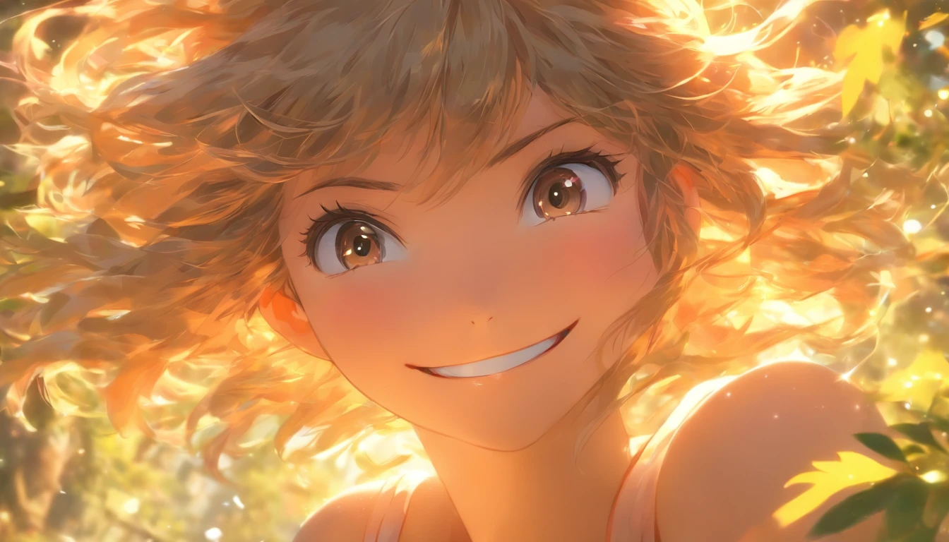 (Masterpiece), (Best quality), (Super detail), (Disheveled hair), (illustration), (1 girl), (interview), (Brief Background), Beautiful detailed eyes, Delicate beautiful face, Floating, (High saturation), (Shine), focus onface, Black hair, bangs, Hefty Smile, Floating hair. Girl, A age girl in love, pixiv illustration, Top quality, Super detailed, Smile, clever, Beautiful face, 4K, Nature, sunlight filtering through the trees,