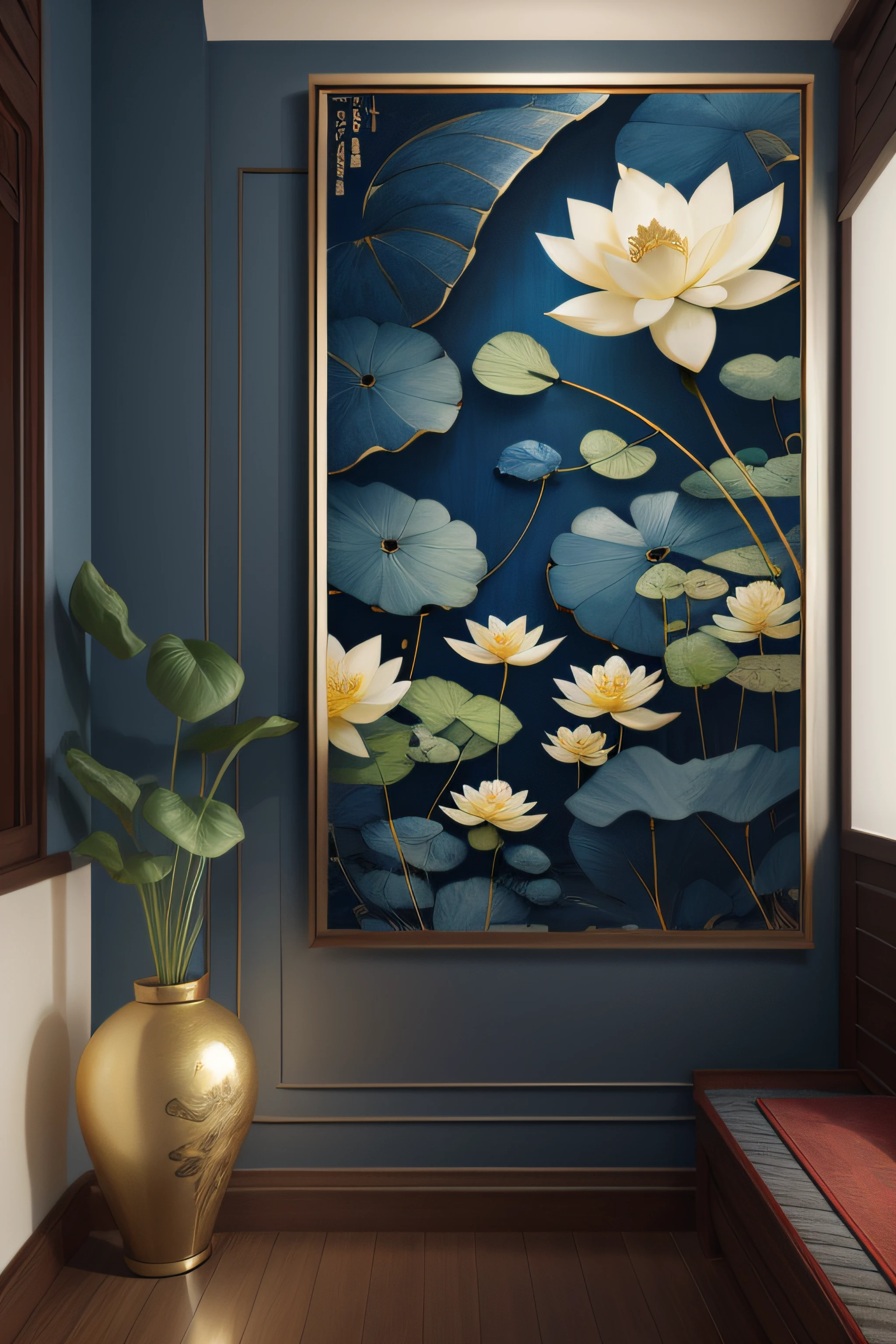 lotus flower ,Lotus leaf,Chinese wall art in blue and gold,Dark blue Chinese art print, Chinese décor, Minimalist wall art, Indigo