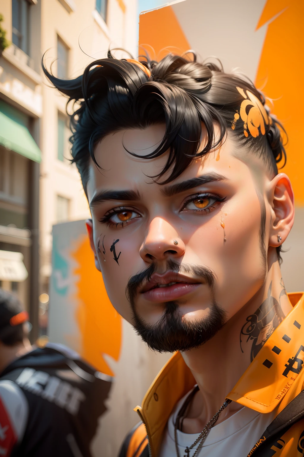 Change into top quality graffiti style picture, black hair, background with of Orange detailed 8k Hd art