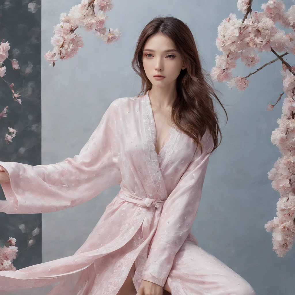 As night fell, Moonlight sprinkles the earth, A woman in faint pajamas stands quietly by the window. She has a slim figure。, Her long hair was draped over her shoulders, Her skin is like snow, And her face is delicate.Her pajamas are light pink, Several white flowers are printed on it, Thin as cicada wings, Light and elegant. The skirt swayed slightly, Breeze in the wind, It is as if you can hear the sound of flowers blooming.