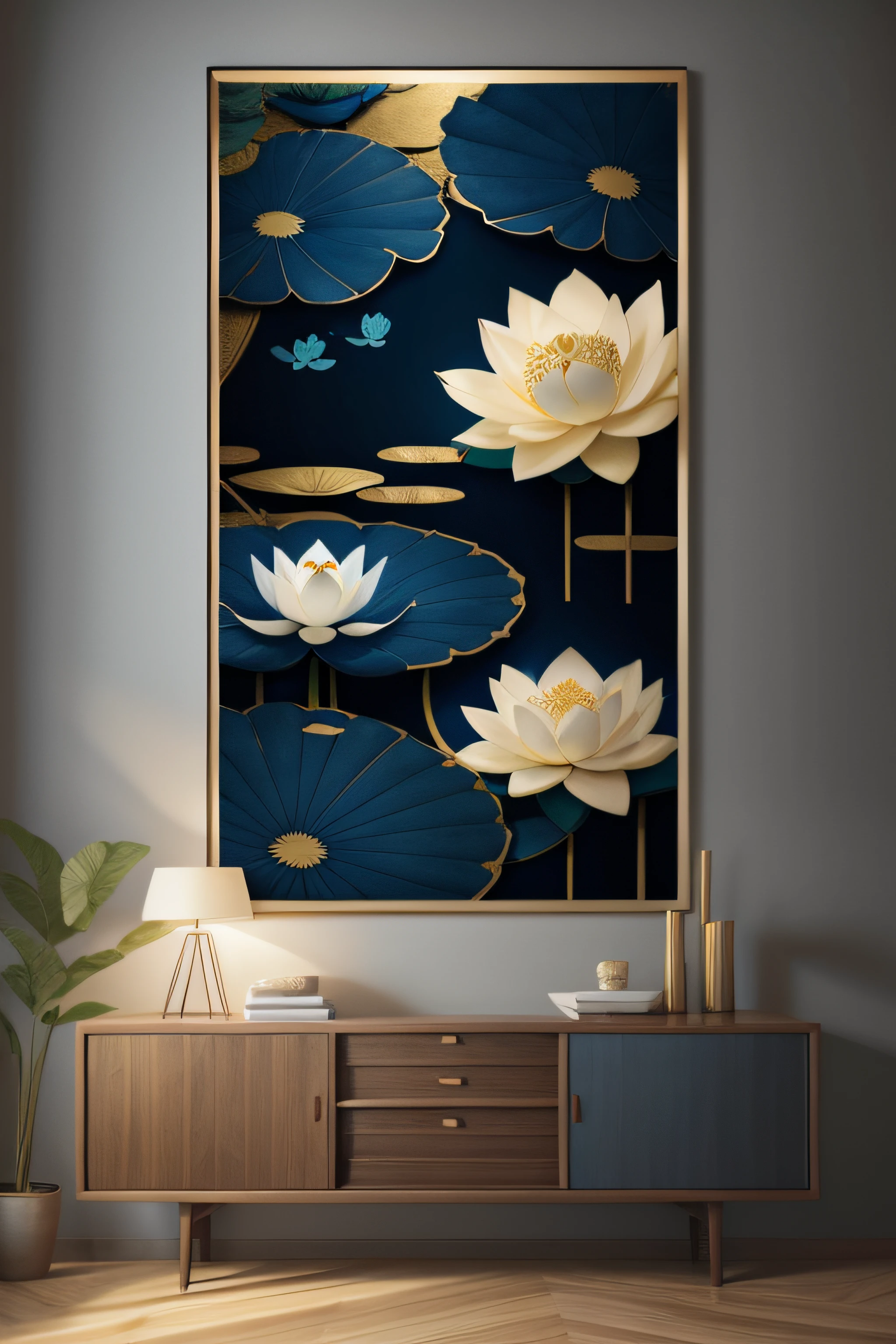 lotus flower ,Lotus leaf,Chinese wall art in blue and gold,Dark blue Chinese art print, Chinese décor, Minimalist wall art, Indigo