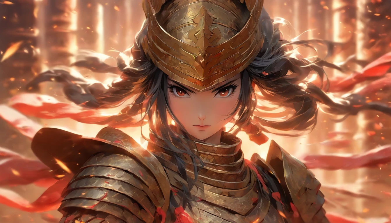 one-girl,An ancient Chinese female knight,Wearing Chinese bronze armor,Black hair,Big black eyes,Upper body display,depth of fields,The background is blurred out