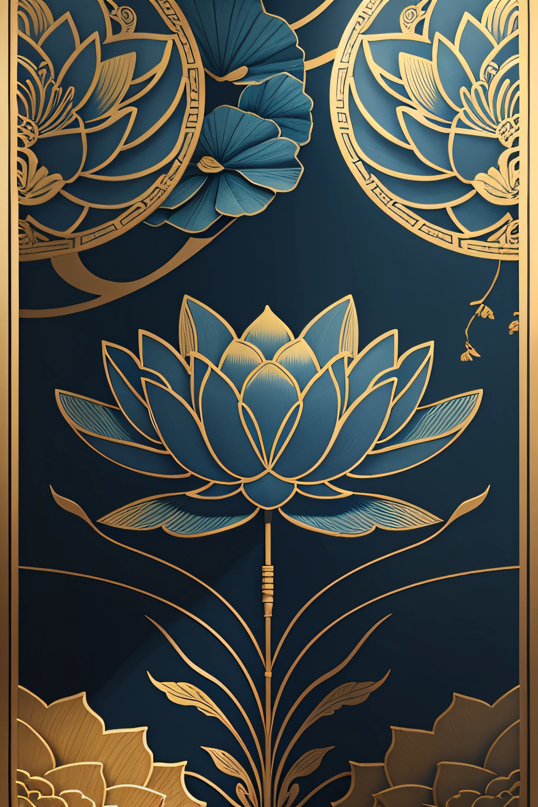 lotus flower ，Lotus leaf，Chinese wall art in blue and gold，Dark blue Chinese art print, Chinese décor, Minimalist wall art, Indigo