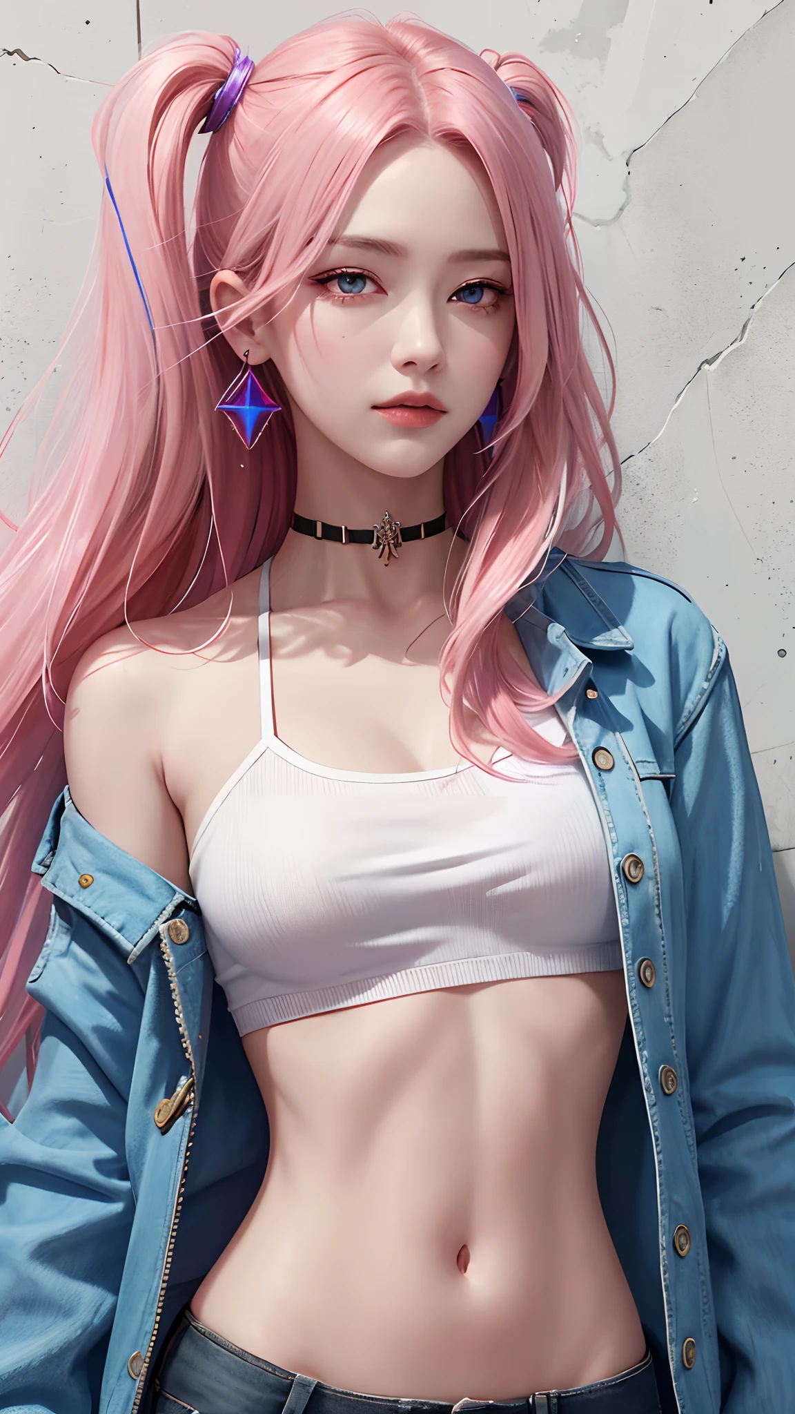 (masterpiece, best quality, 1girl, solo, intricate details, chromatic aberration), realistic, ((medium breath)),long hair, pink hair, red head ornament, blue highlights, hair over one eye,purple eyes, earrings, sharp eyes, choker, neon shirt, open jacket, crop top, (symmetry eyes),(perfect symmetrical body),against wall, brick wall, graffiti, dim lighting, alley ,look at viewer