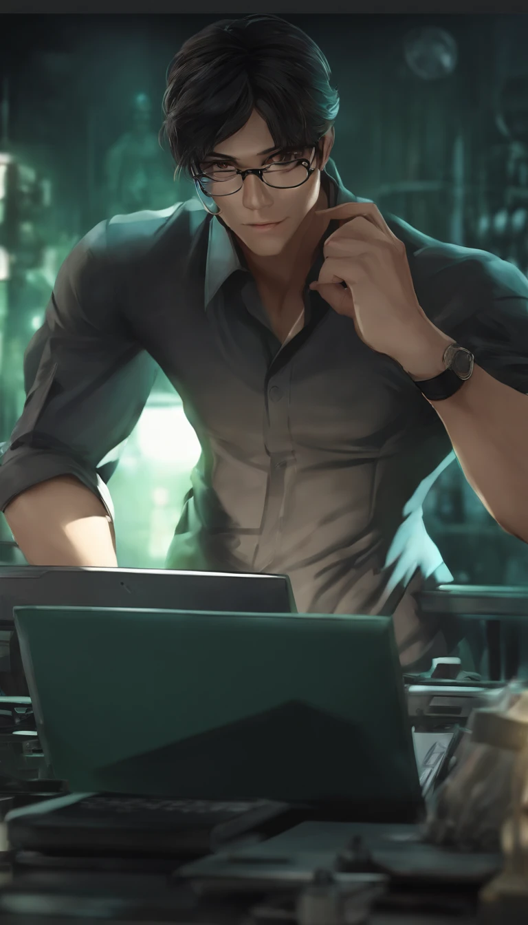 (best quality, masterpiece1.2), detailed,1asia man with computer, wear glasses,on working,black hair,hair stand,solo,looking at viewer, Over-the-shoulder shot,selfie, dynamic pose,dark smile ,detailed eyes , half body, red eyes, dark hair , bob cut, hacker, glasses, bokuman ,backgound is green dragon on top --auto