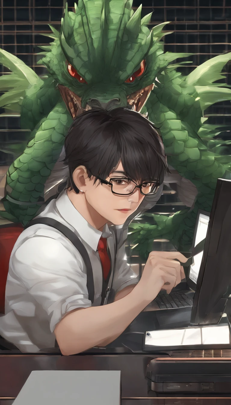 (best quality, masterpiece1.2), detailed,1asia man with computer, wear glasses,on working,black hair,hair stand,solo,looking at viewer, Over-the-shoulder shot,selfie, dynamic pose,dark smile ,detailed eyes , half body, red eyes, dark hair , bob cut, hacker, glasses, bokuman ,backgound is green dragon on top --auto