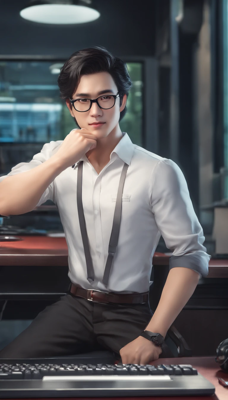 (best quality, masterpiece1.2), detailed,1asia man with computer, wear glasses,on working,black hair,hair stand,solo,looking at viewer, Over-the-shoulder shot,selfie, dynamic pose,dark smile ,detailed eyes , half body, red eyes, dark hair , bob cut, hacker, glasses, bokuman ,backgound is green dragon on top --auto
