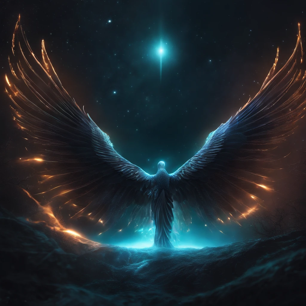 Fallen Angels of the Universe, glowing light eyes, biomechanical, eery, creepy, nightmarish, Very bright colors, light Particle, with light glowing, Musif, Wallpaper Art, UHD Wallpapers