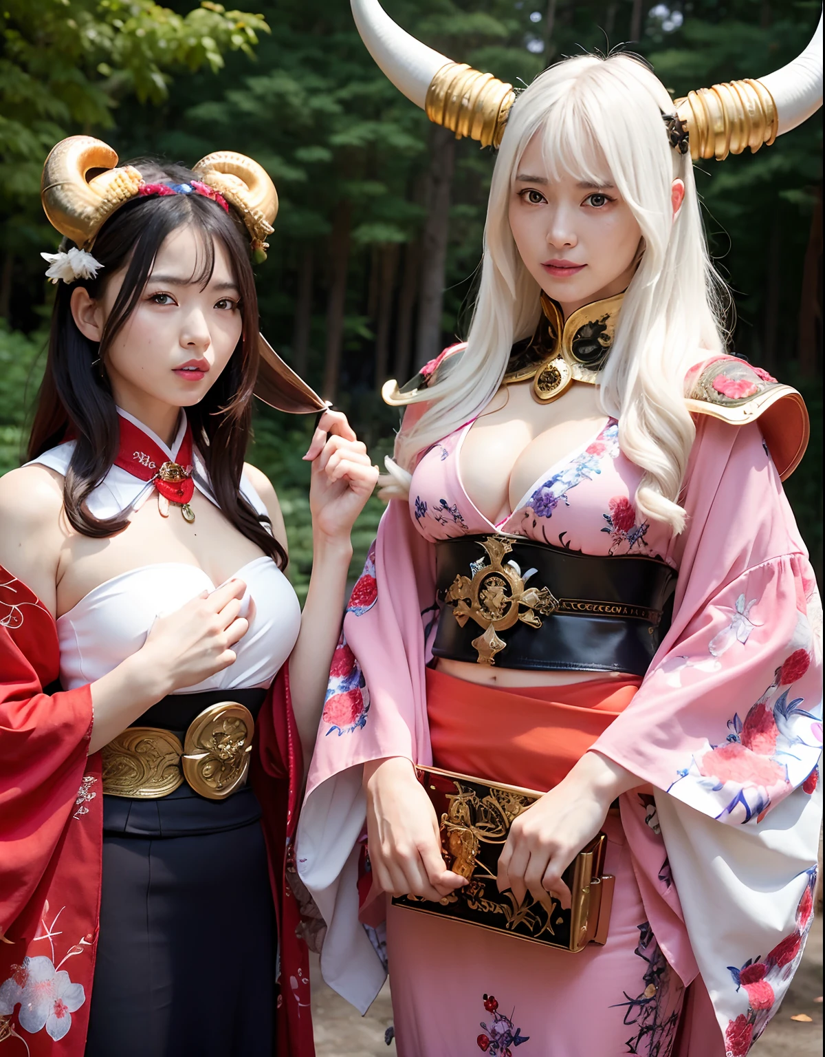 Professional , masterpiece、top-quality、photos realistic , depth of fields 、(White bikini armor)、(Mystical expression)、((Fight dragons)),(Wear a beautiful kimono),(Wear a beautiful kimono with colorful floral patterns)、Jewel Gold Weapon、Particles of light),(Has a devil's mask)、Gorgeous gold weapons ,(( Gorgeous Dragon Sword)) , (Hold the Devil's Hand),,(maikurobikini) 、((White hair))、(Castle background)、(demonic wings)、((Gangle's forest background))、Beautiful Caucasian beauty、1a person、dynamic ungle,(((Two devil's horns on the head)))、Smaller head、Idle Smile、Thin and beautiful female hands、Mystical expression、Light Effects、intense fighting、Wind-effect、magic circles、With the legendary magic wand、Dragon's tail、