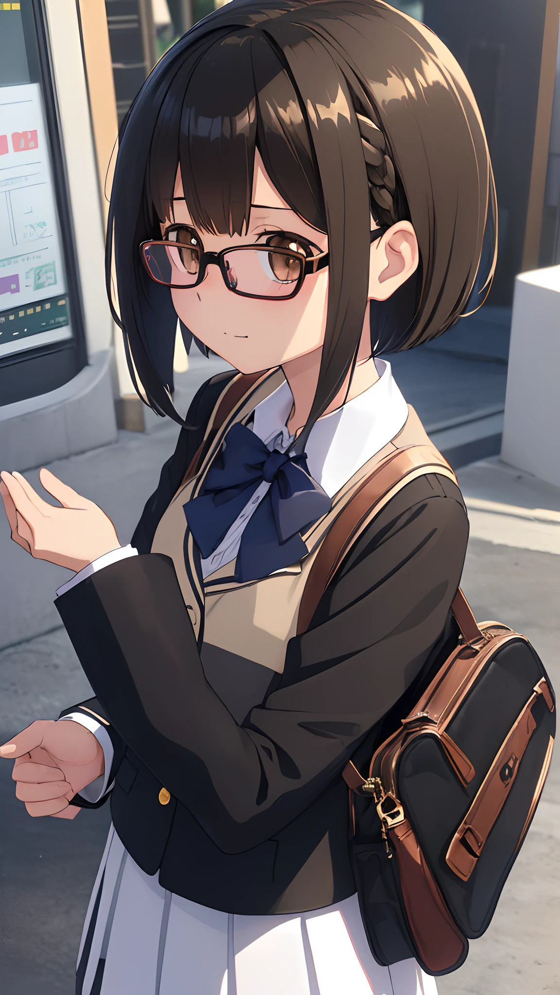 (masutepiece, Best Quality, Capture super cute moments, depth of fields, ultra-detailliert, Ultra High Resolution, C4D, Octadale, 3D Modeling, 8K, 16 K, one girls、a 、A dark-haired、short-hair、straight haired、Light brown eyes,hair adornments、wearing black glasses、Cute face)、blazers